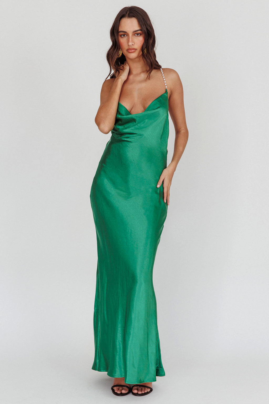 Danijela Cowl Neck Pearl Satin Maxi Dress Emerald by Selfie Leslie Australia