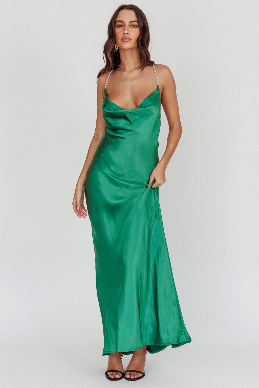 Danijela Cowl Neck Pearl Satin Maxi Dress Emerald by Selfie Leslie Australia