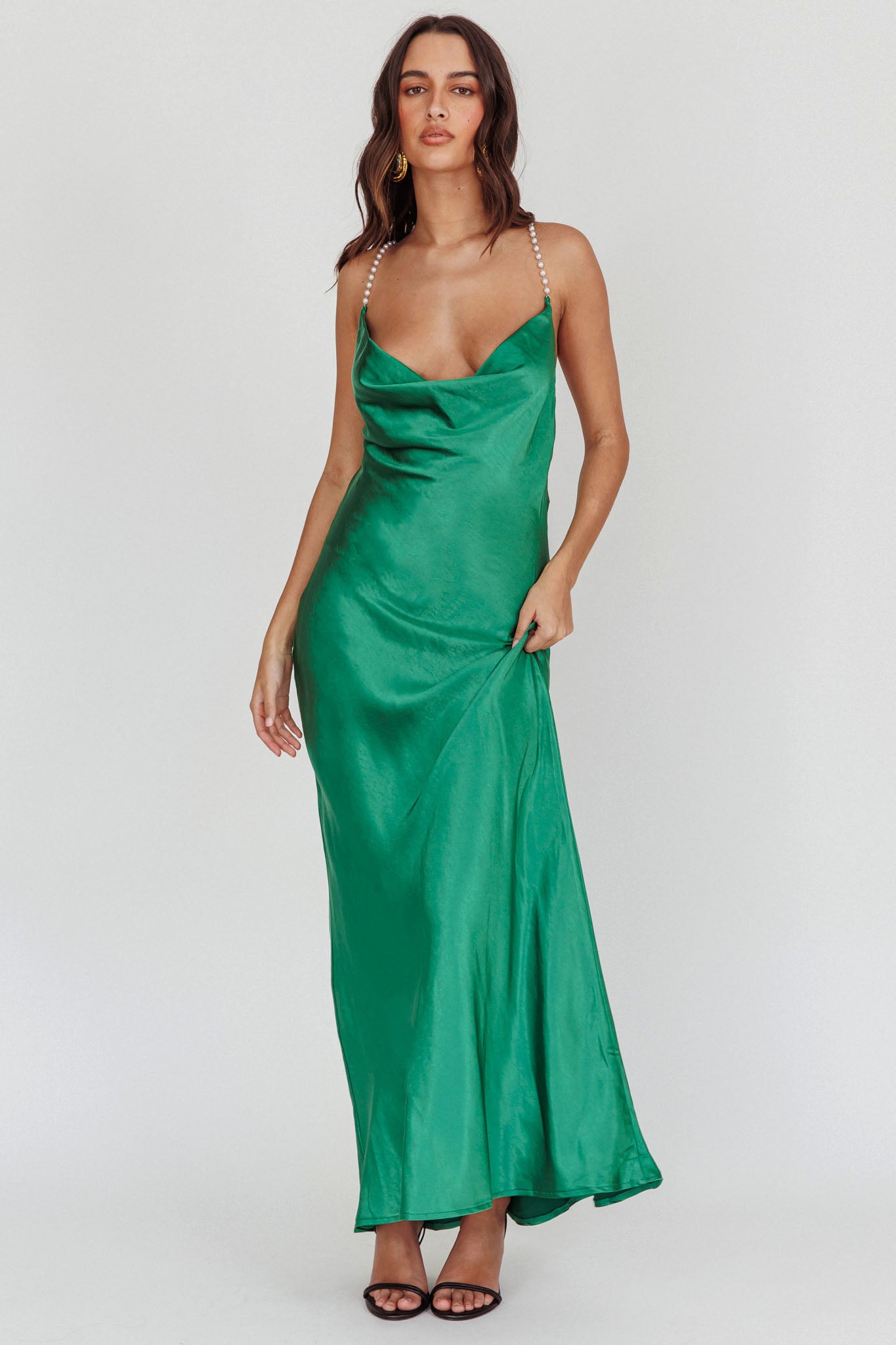 Danijela Cowl Neck Pearl Satin Maxi Dress Emerald by Selfie Leslie Australia