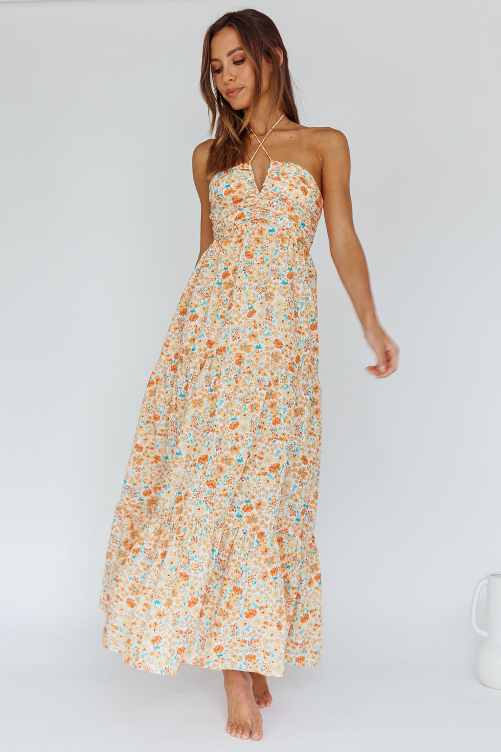 Asiah Halterneck Maxi Dress Flowers Orange by Selfie Leslie Australia