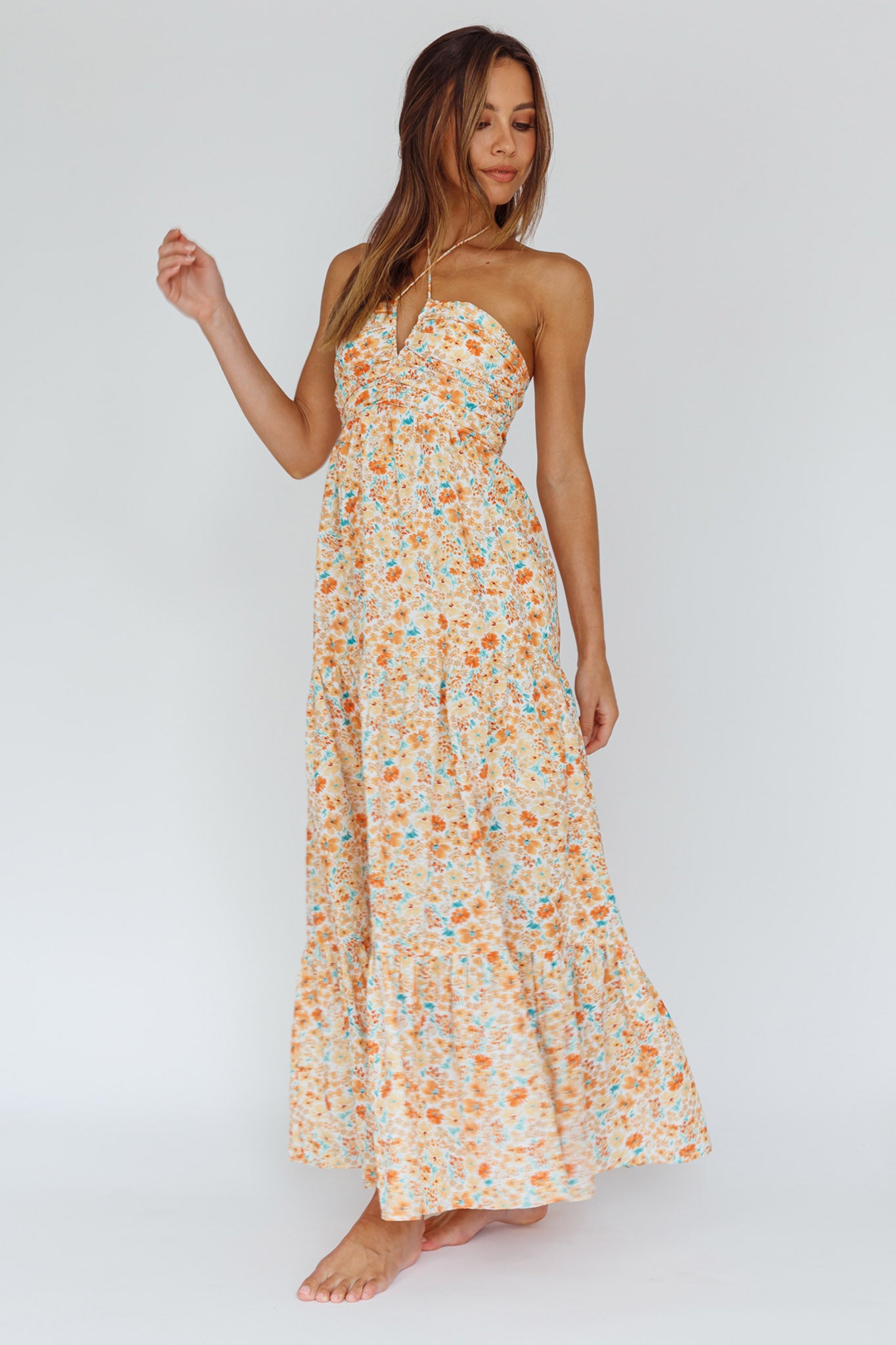 Asiah Halterneck Maxi Dress Flowers Orange by Selfie Leslie Australia