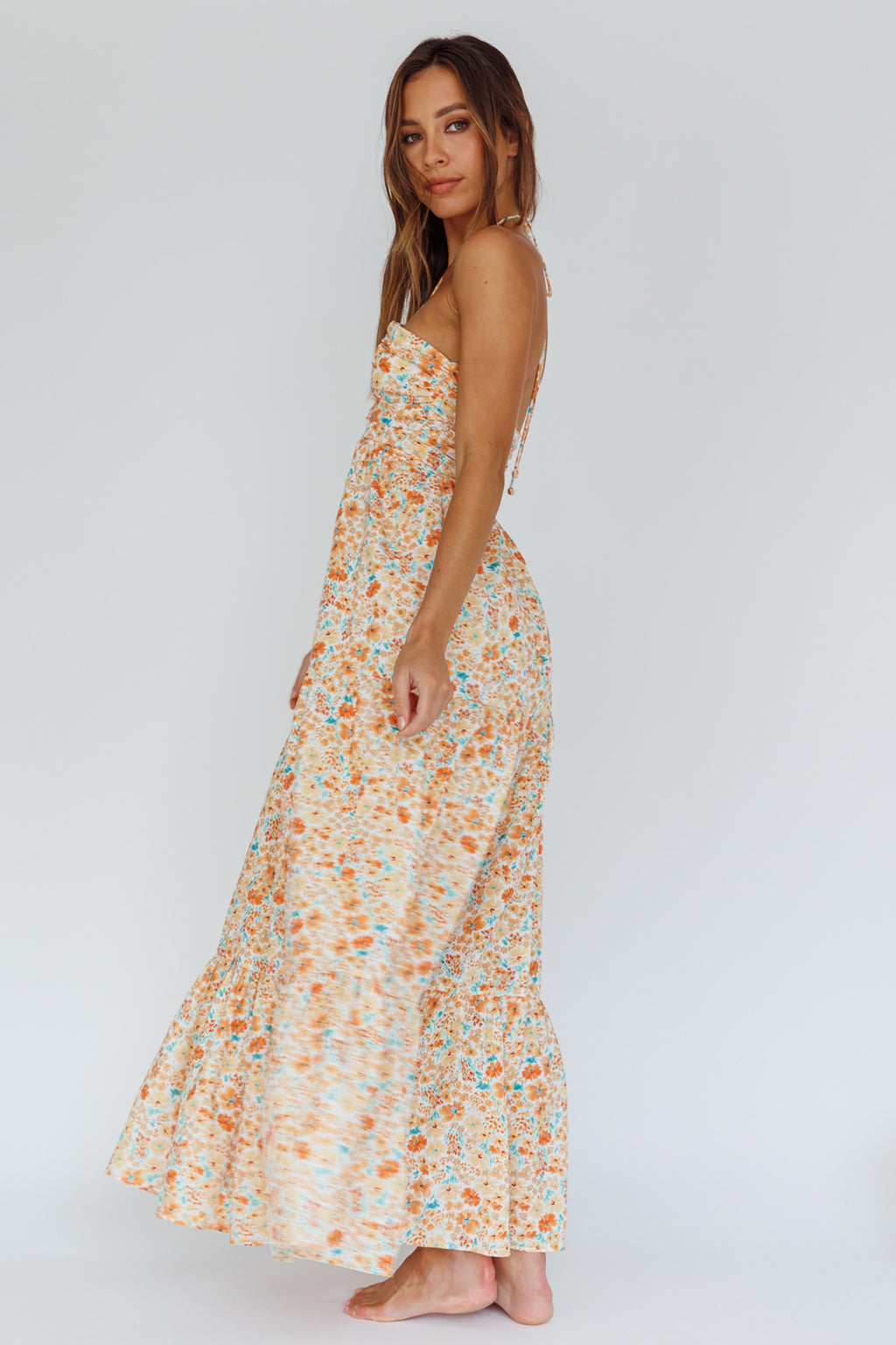 Asiah Halterneck Maxi Dress Flowers Orange by Selfie Leslie Australia