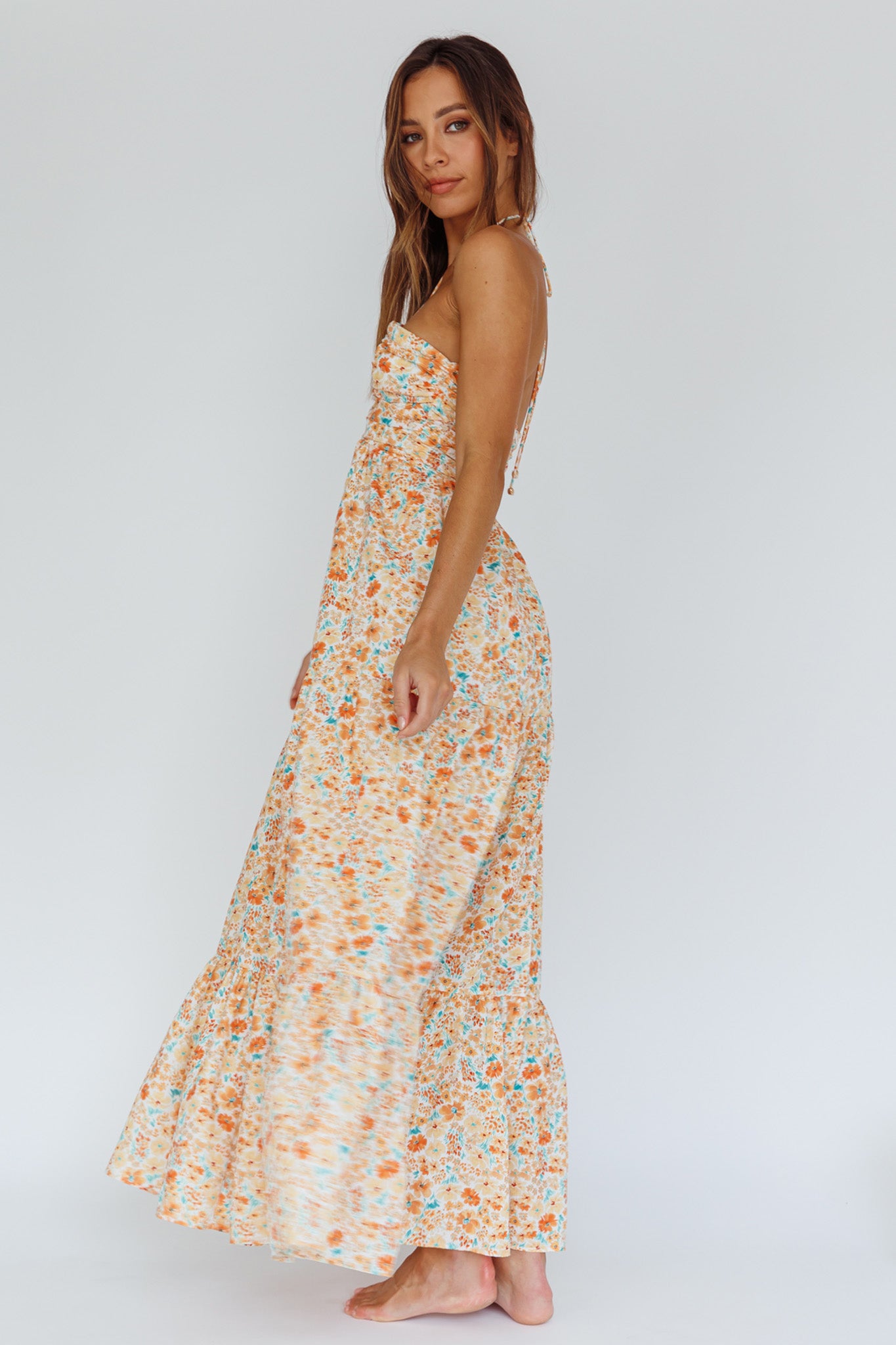 Asiah Halterneck Maxi Dress Flowers Orange by Selfie Leslie Australia