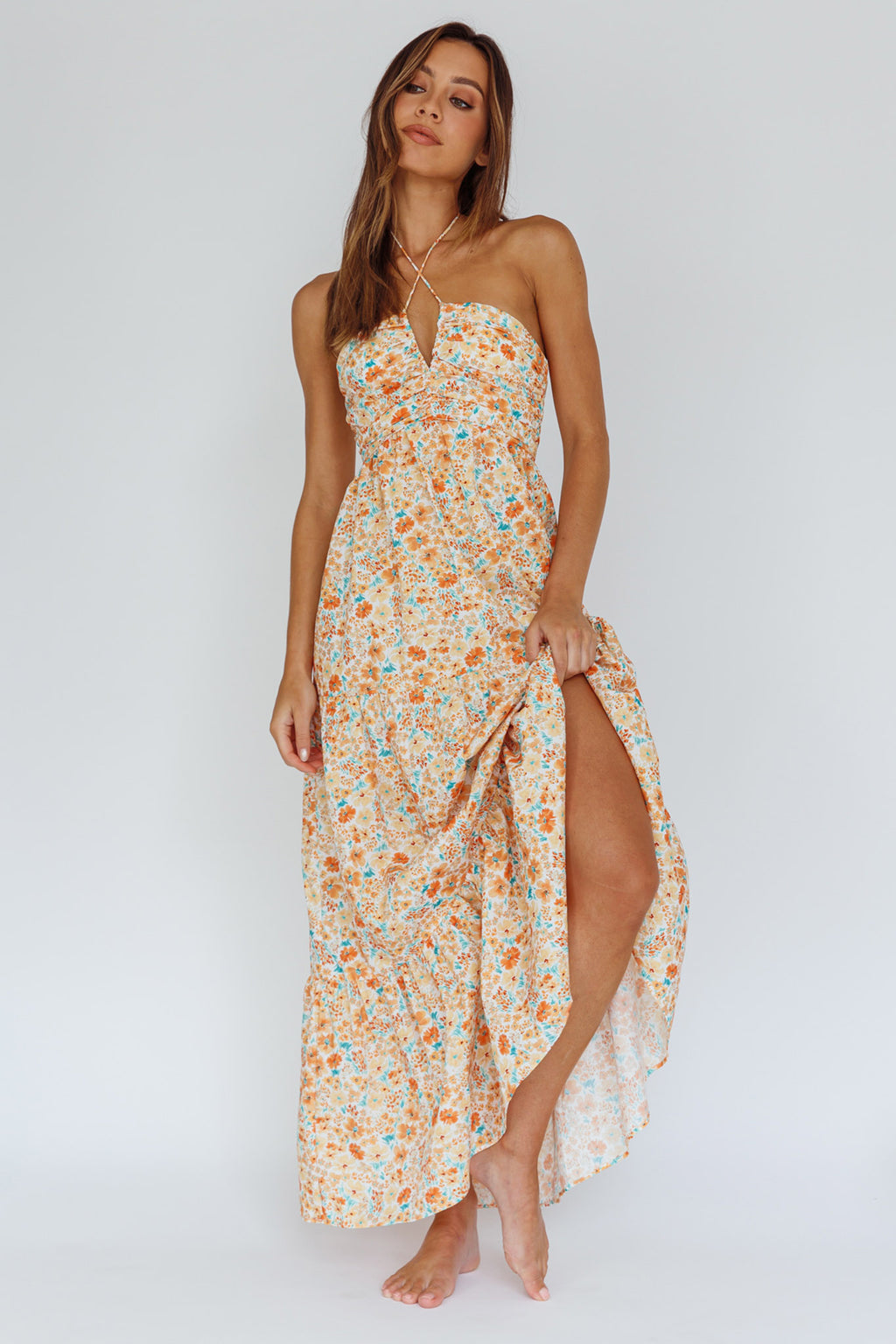 Asiah Halterneck Maxi Dress Flowers Orange by Selfie Leslie Australia