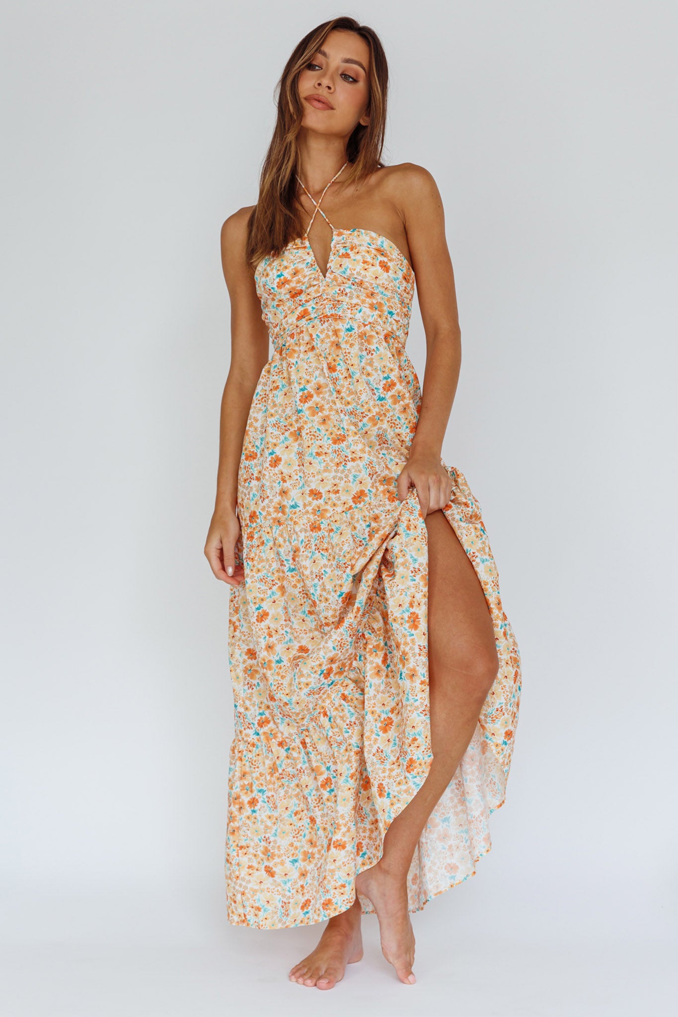 Asiah Halterneck Maxi Dress Flowers Orange by Selfie Leslie Australia