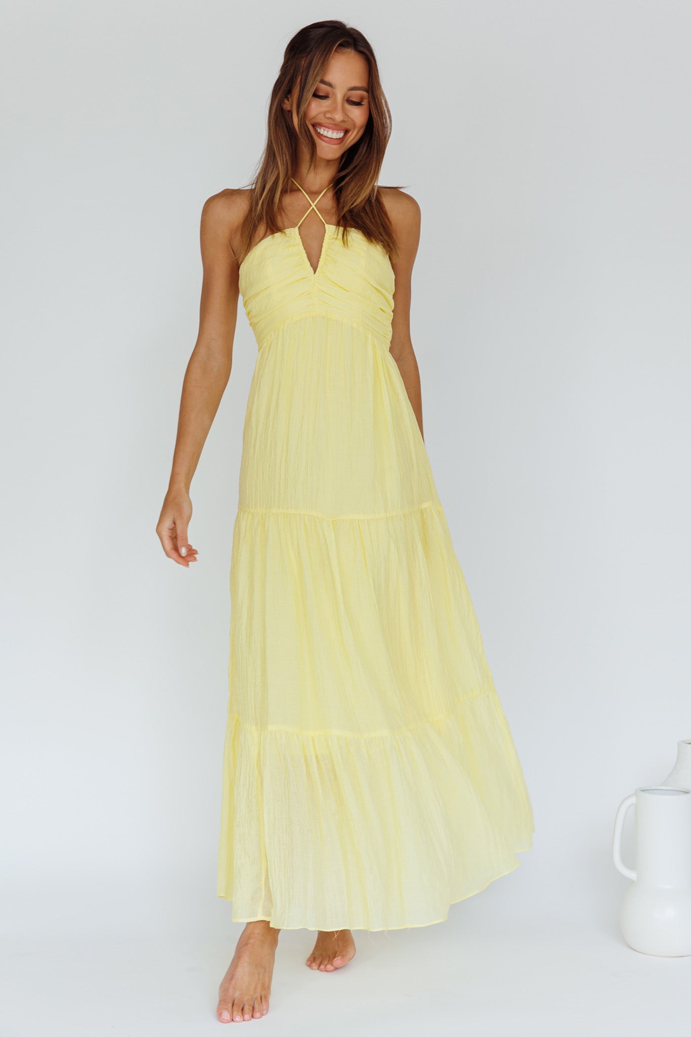Asiah Halterneck Maxi Dress Lemon by Selfie Leslie Australia
