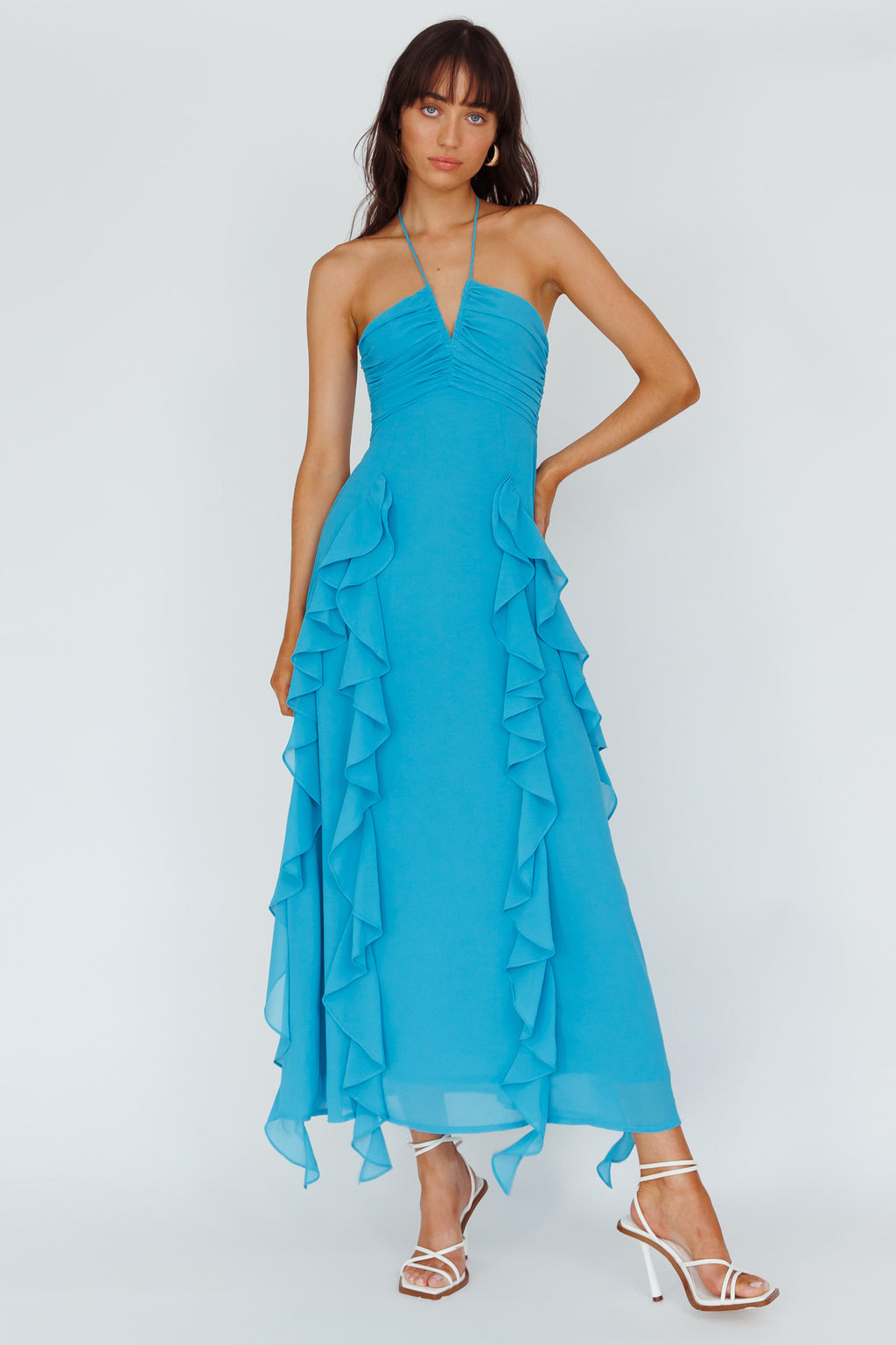 Asiah Ruffle Trim Halterneck Maxi Dress Cerulean Blue by Selfie Leslie Australia