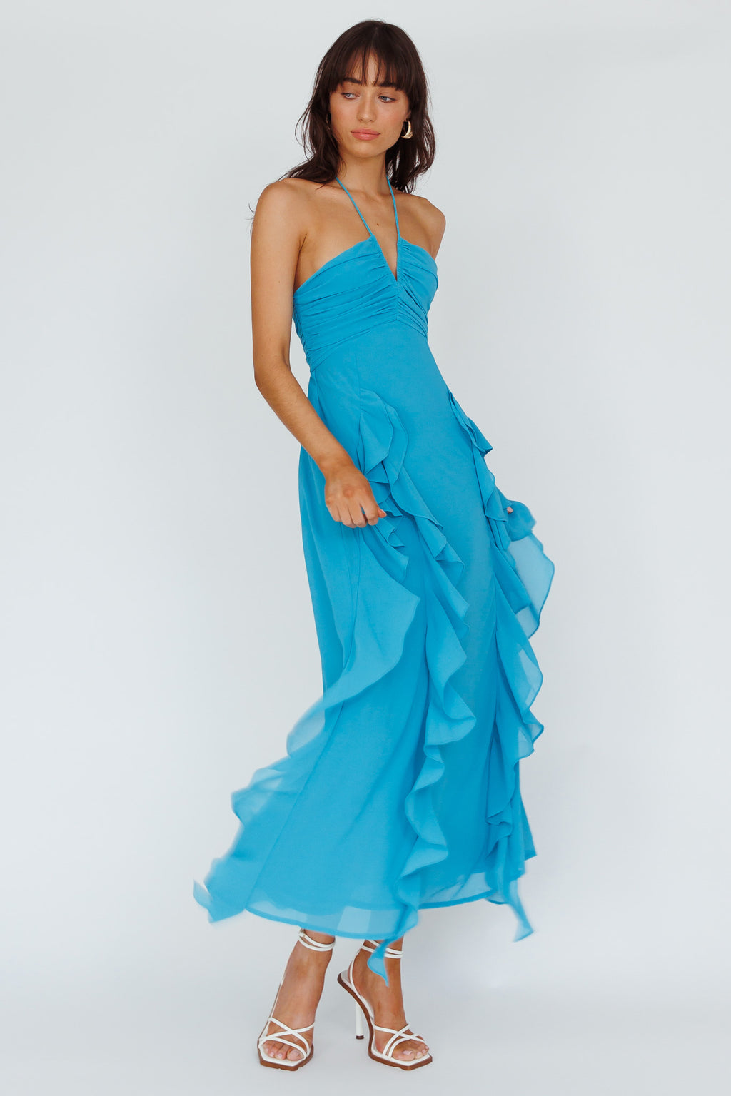 Asiah Ruffle Trim Halterneck Maxi Dress Cerulean Blue by Selfie Leslie Australia