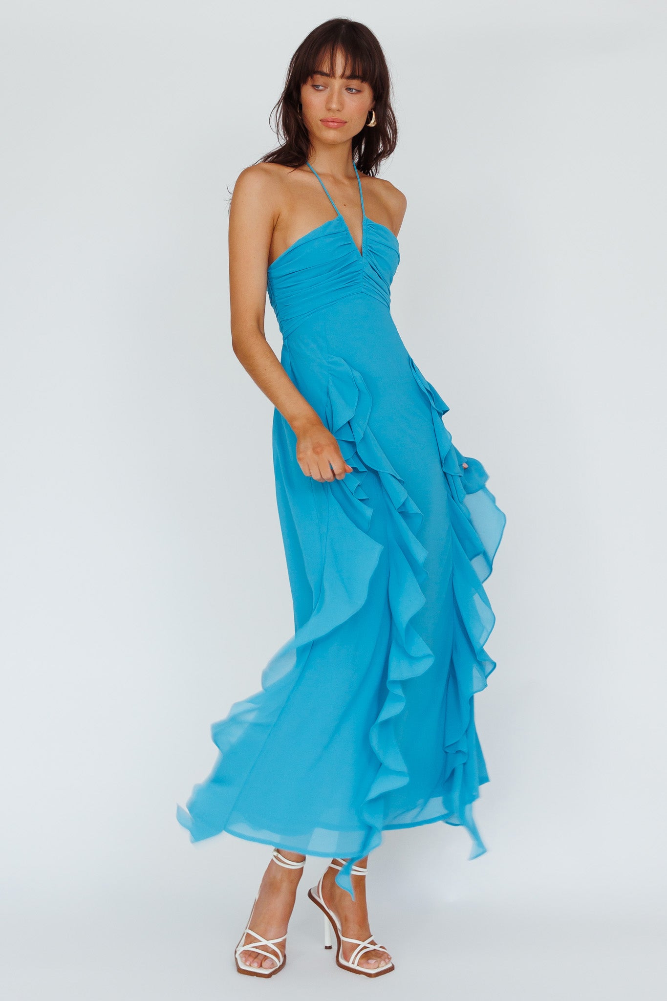 Asiah Ruffle Trim Halterneck Maxi Dress Cerulean Blue by Selfie Leslie Australia