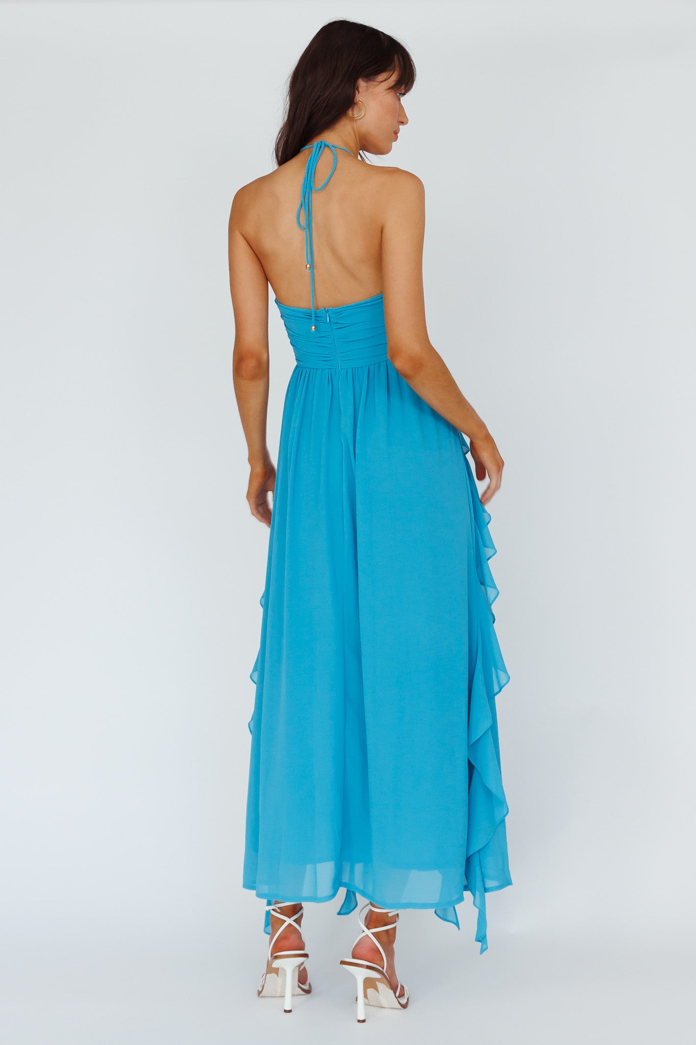 Asiah Ruffle Trim Halterneck Maxi Dress Cerulean Blue by Selfie Leslie Australia