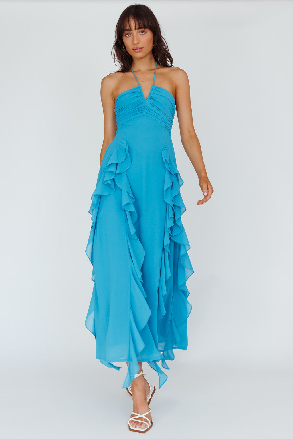 Asiah Ruffle Trim Halterneck Maxi Dress Cerulean Blue by Selfie Leslie Australia