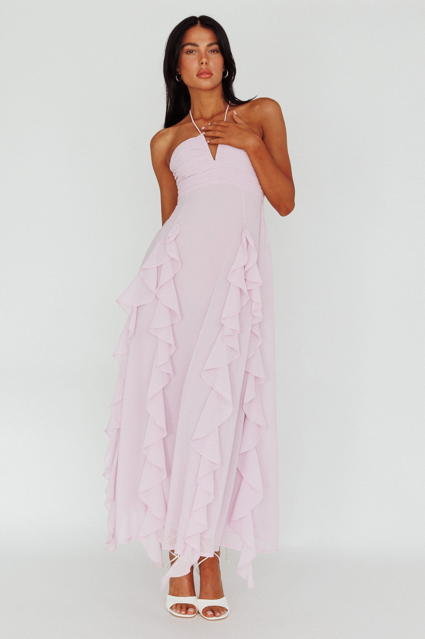 Asiah Ruffle Trim Halterneck Maxi Dress Lavender by Selfie Leslie Australia