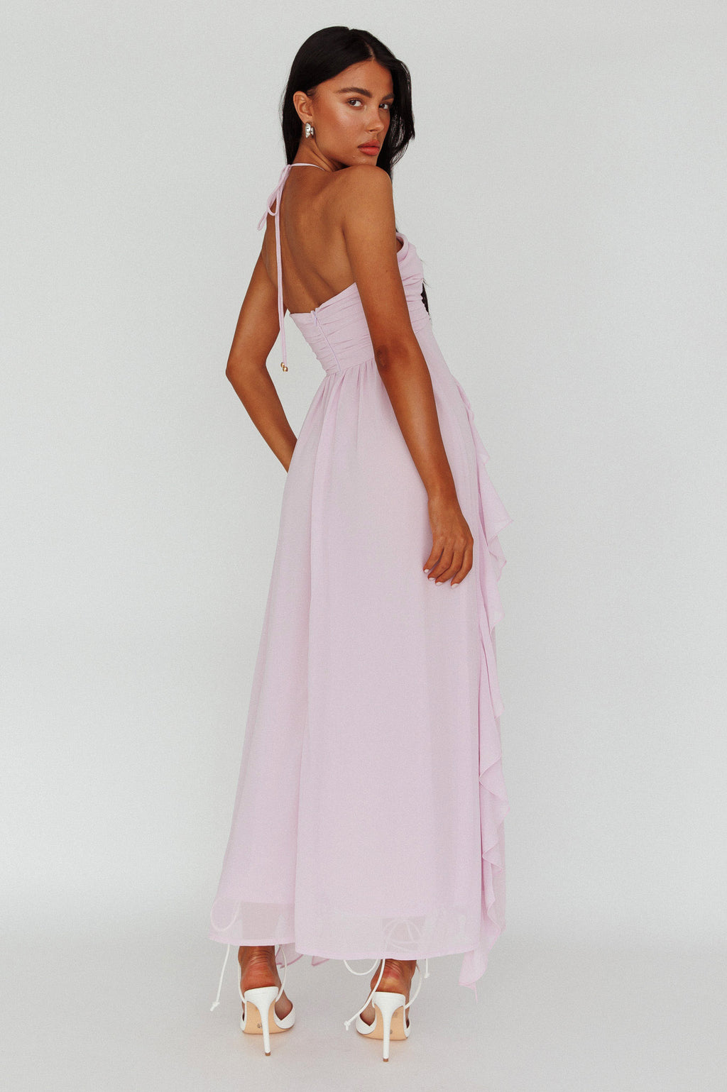Asiah Ruffle Trim Halterneck Maxi Dress Lavender by Selfie Leslie Australia