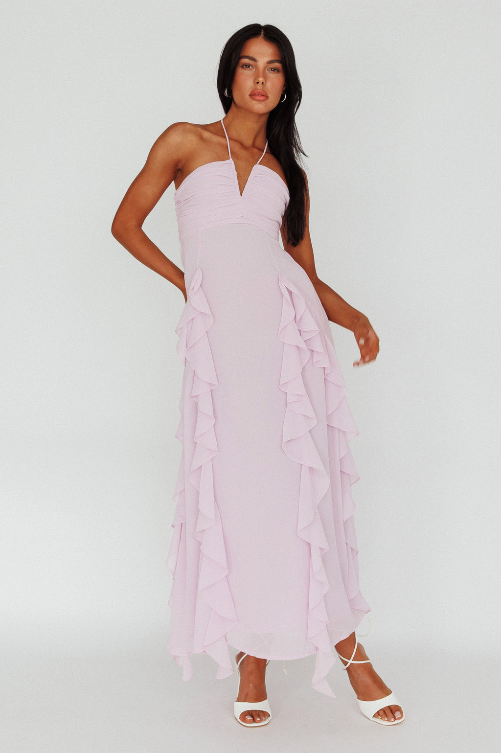 Asiah Ruffle Trim Halterneck Maxi Dress Lavender by Selfie Leslie Australia