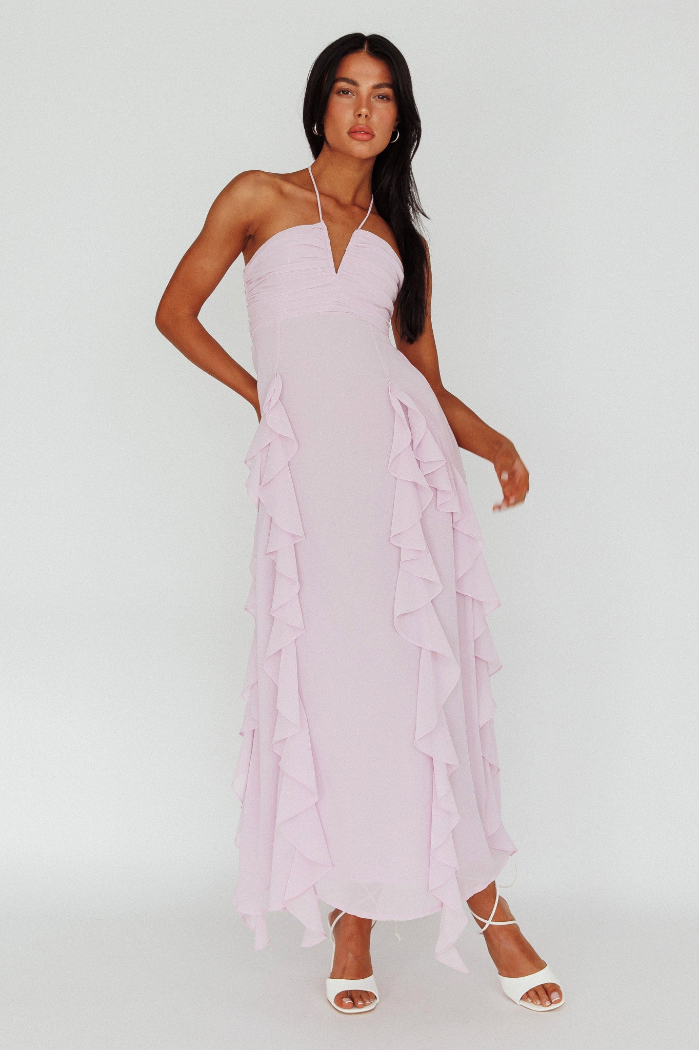 Asiah Ruffle Trim Halterneck Maxi Dress Lavender by Selfie Leslie Australia