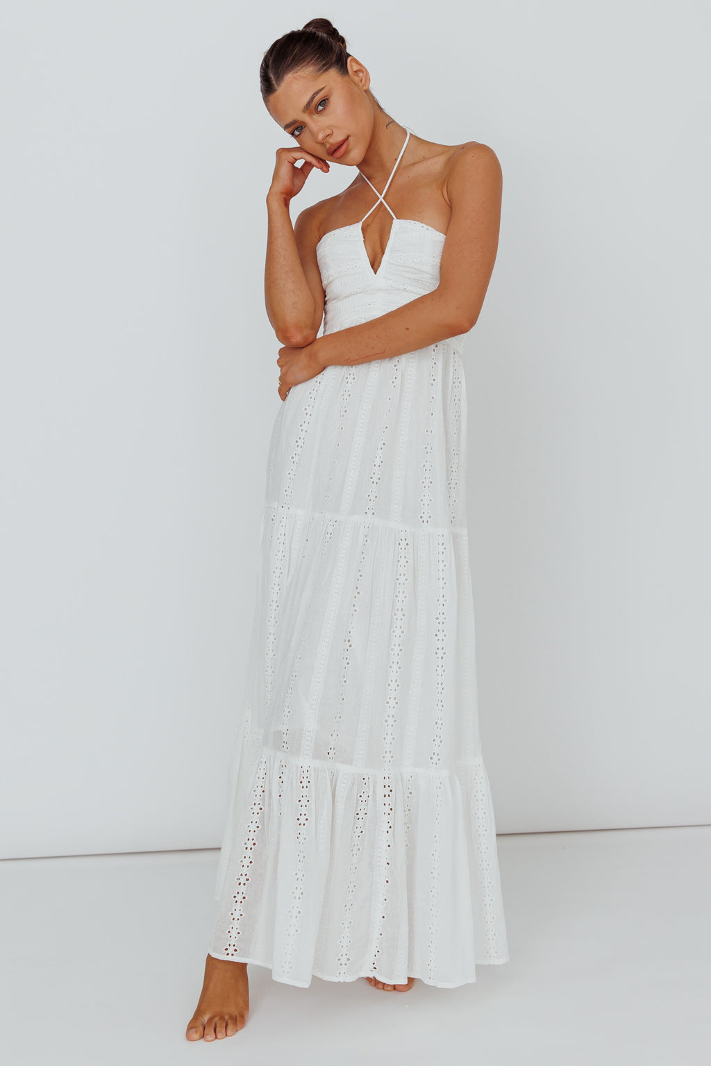 Asiah Halterneck Maxi Dress Eyelet White by Selfie Leslie Australia