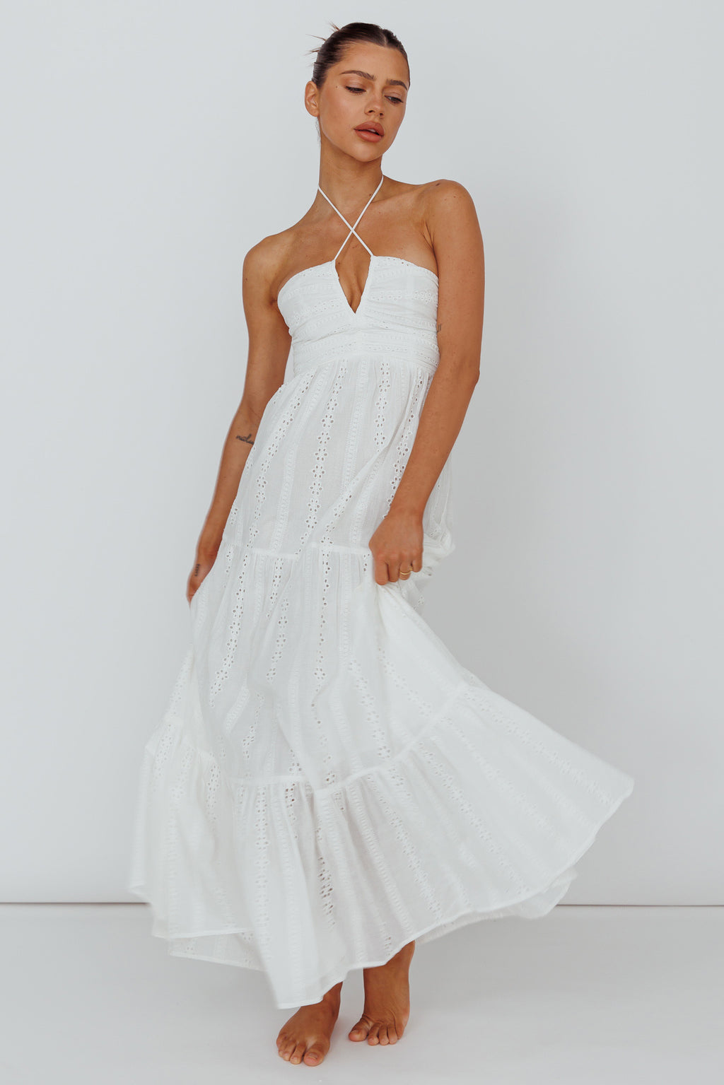 Asiah Halterneck Maxi Dress Eyelet White by Selfie Leslie Australia