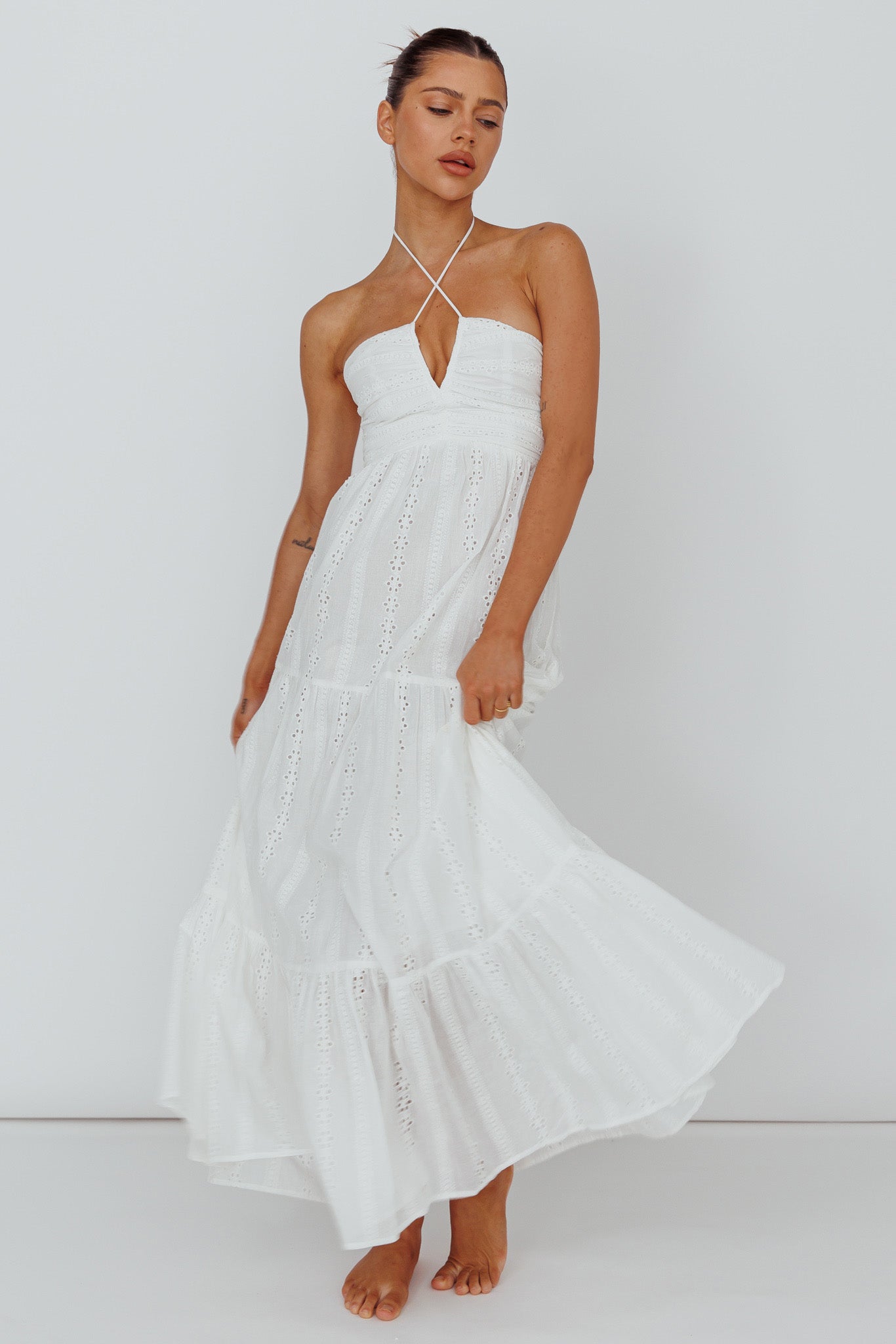 Asiah Halterneck Maxi Dress Eyelet White by Selfie Leslie Australia