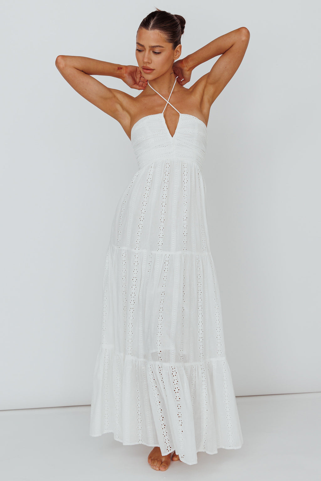 Asiah Halterneck Maxi Dress Eyelet White by Selfie Leslie Australia
