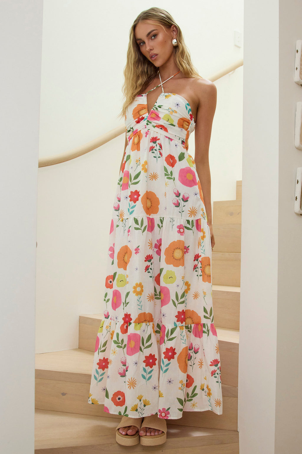 Asiah Gathered Bust Halterneck Maxi Dress Floral White by Selfie Leslie Australia