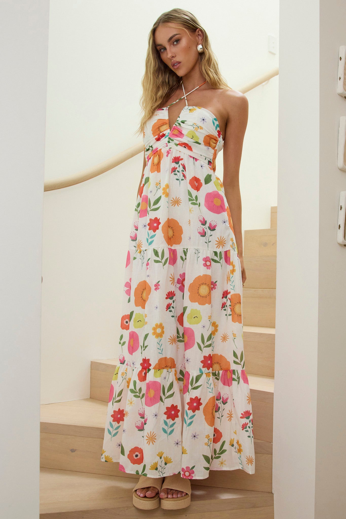 Asiah Gathered Bust Halterneck Maxi Dress Floral White by Selfie Leslie Australia