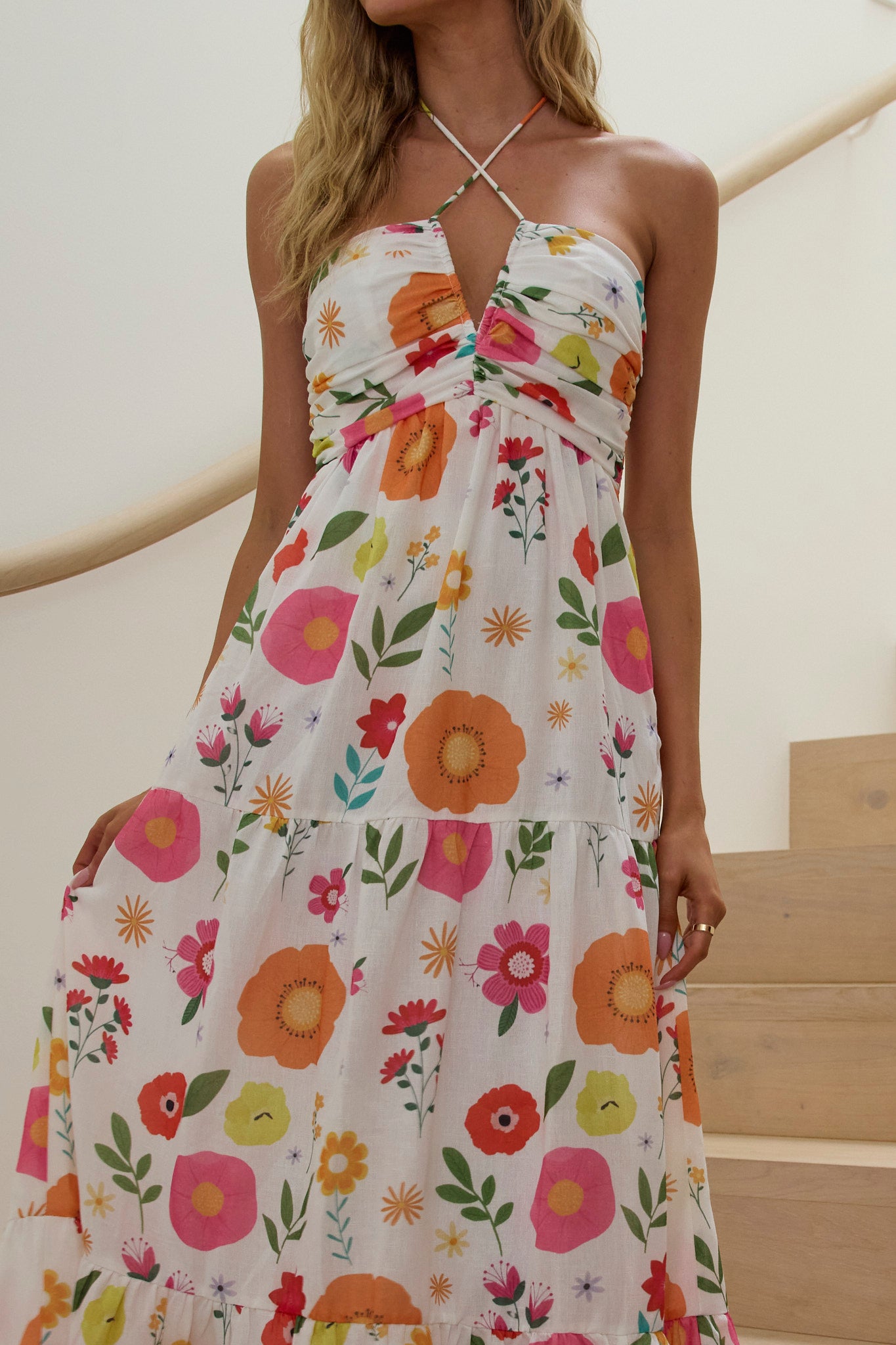 Asiah Gathered Bust Halterneck Maxi Dress Floral White by Selfie Leslie Australia