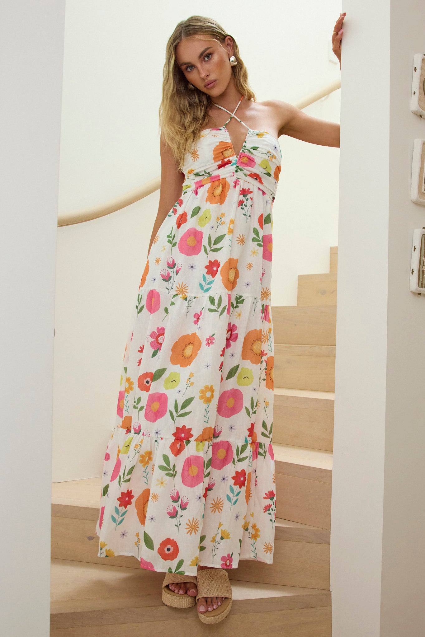 Asiah Gathered Bust Halterneck Maxi Dress Floral White by Selfie Leslie Australia