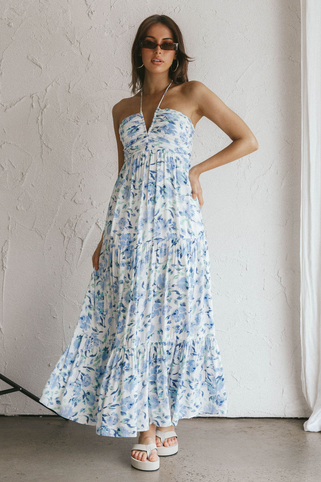 Asiah Halterneck Maxi Dress Floral Blue by Selfie Leslie Australia
