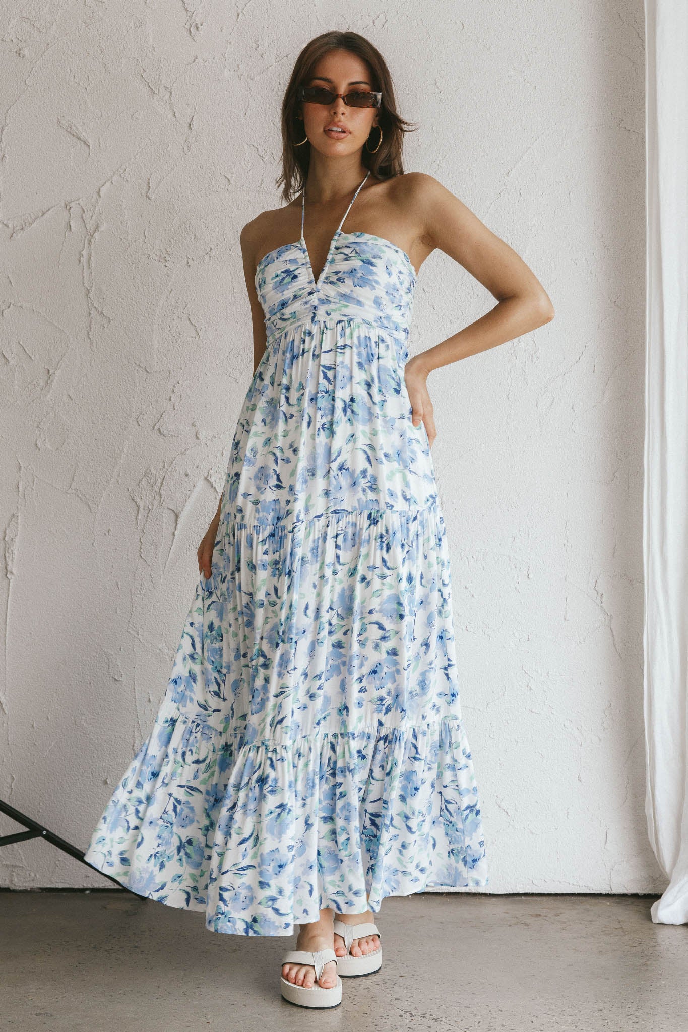 Asiah Halterneck Maxi Dress Floral Blue by Selfie Leslie Australia