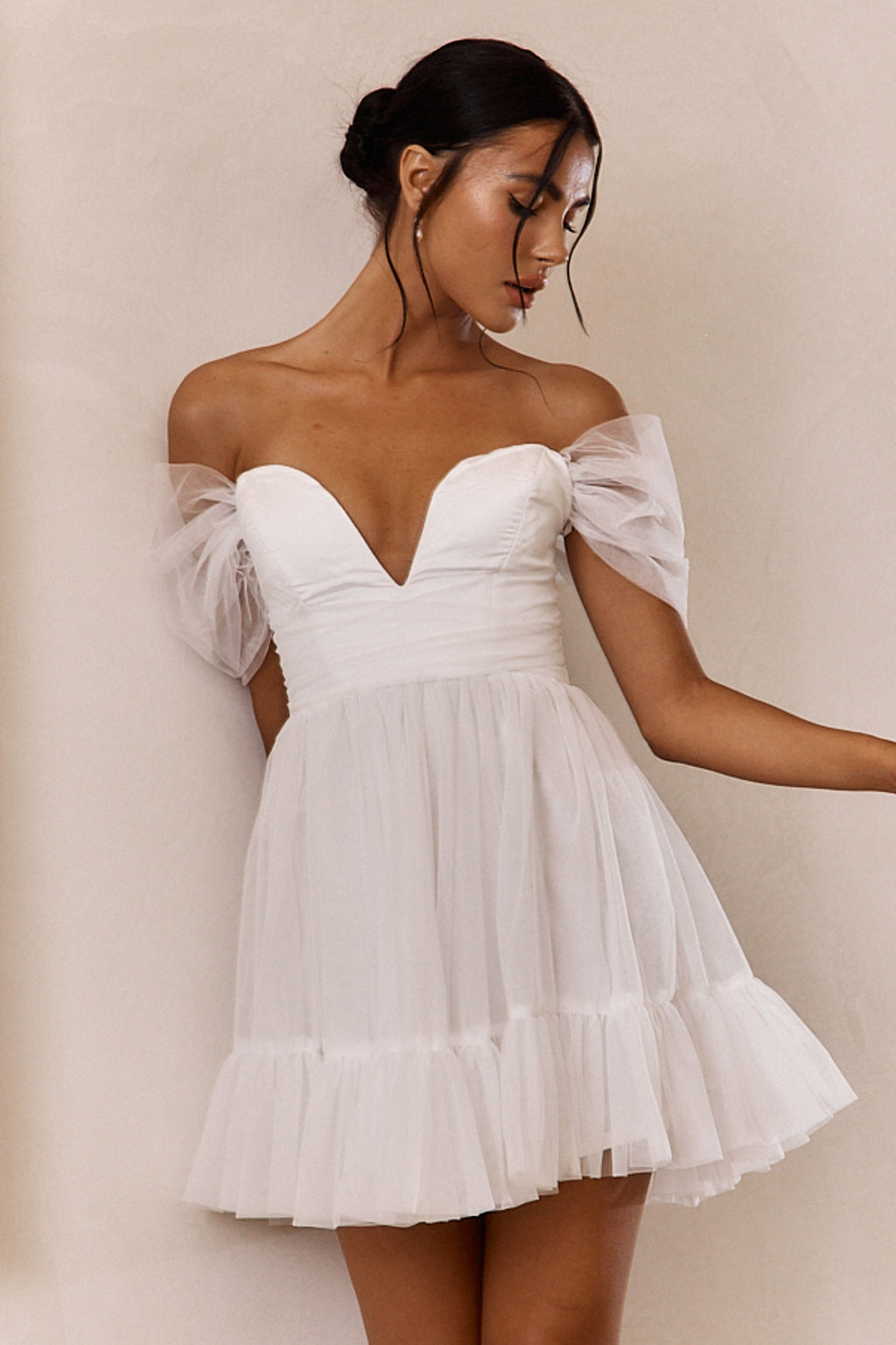 Pixi Off-Shoulder Lace-Up Back Mini Dress White by Selfie Leslie Australia