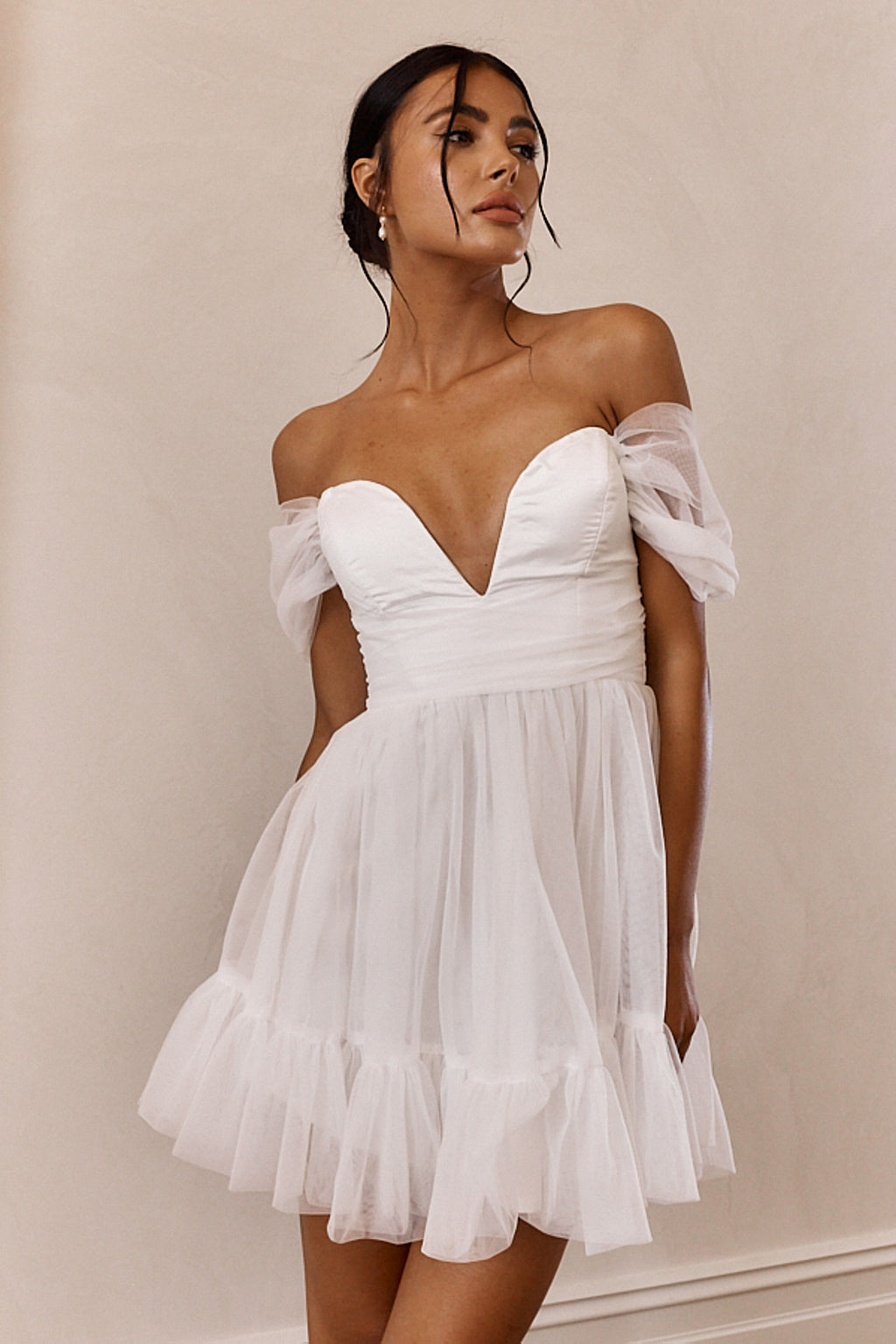 Pixi Off-Shoulder Lace-Up Back Mini Dress White by Selfie Leslie Australia