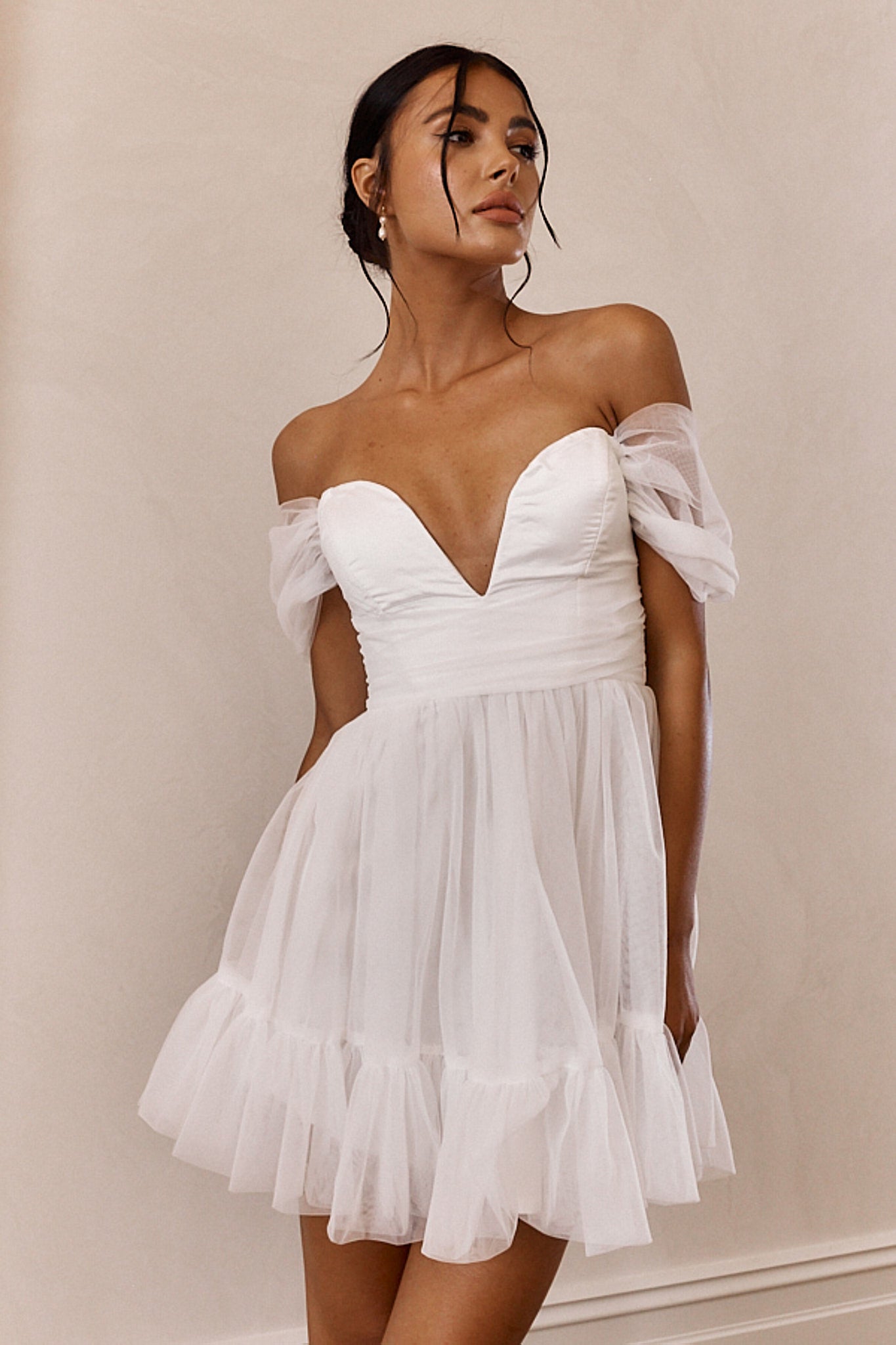 Pixi Off-Shoulder Lace-Up Back Mini Dress White by Selfie Leslie Australia