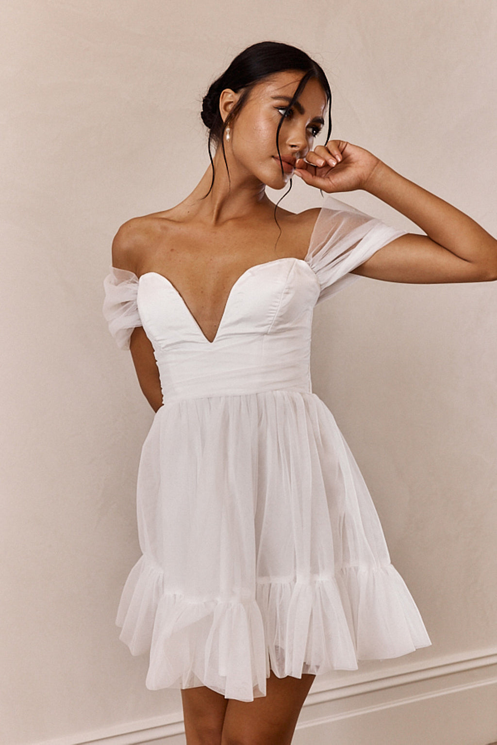 Pixi Off-Shoulder Lace-Up Back Mini Dress White by Selfie Leslie Australia