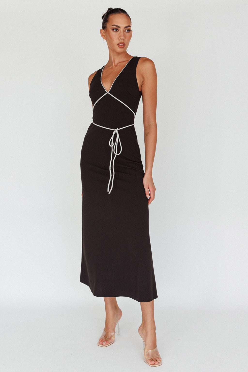 Del Sol Diamante Rope Maxi Dress Black by Selfie Leslie Australia