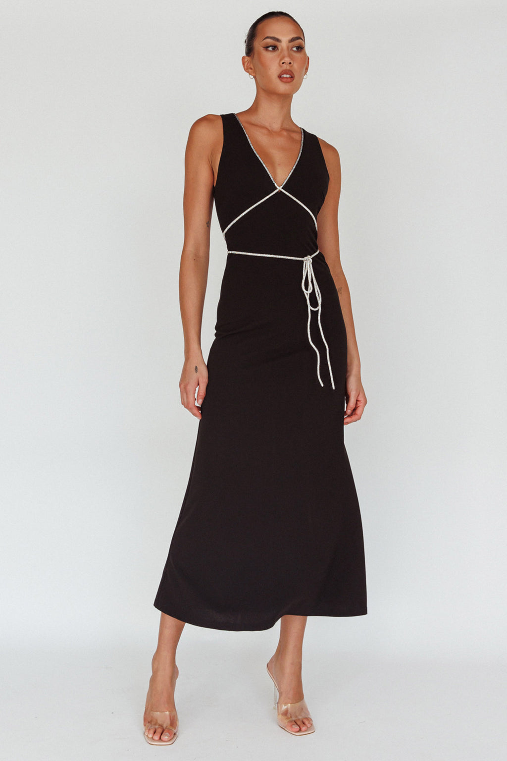 Del Sol Diamante Rope Maxi Dress Black by Selfie Leslie Australia