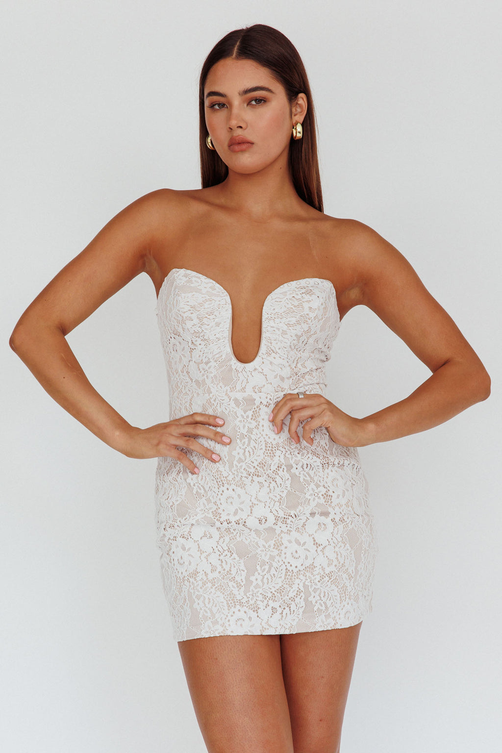 Nouveau U-Neckline Mini Dress Lace White by Selfie Leslie Australia