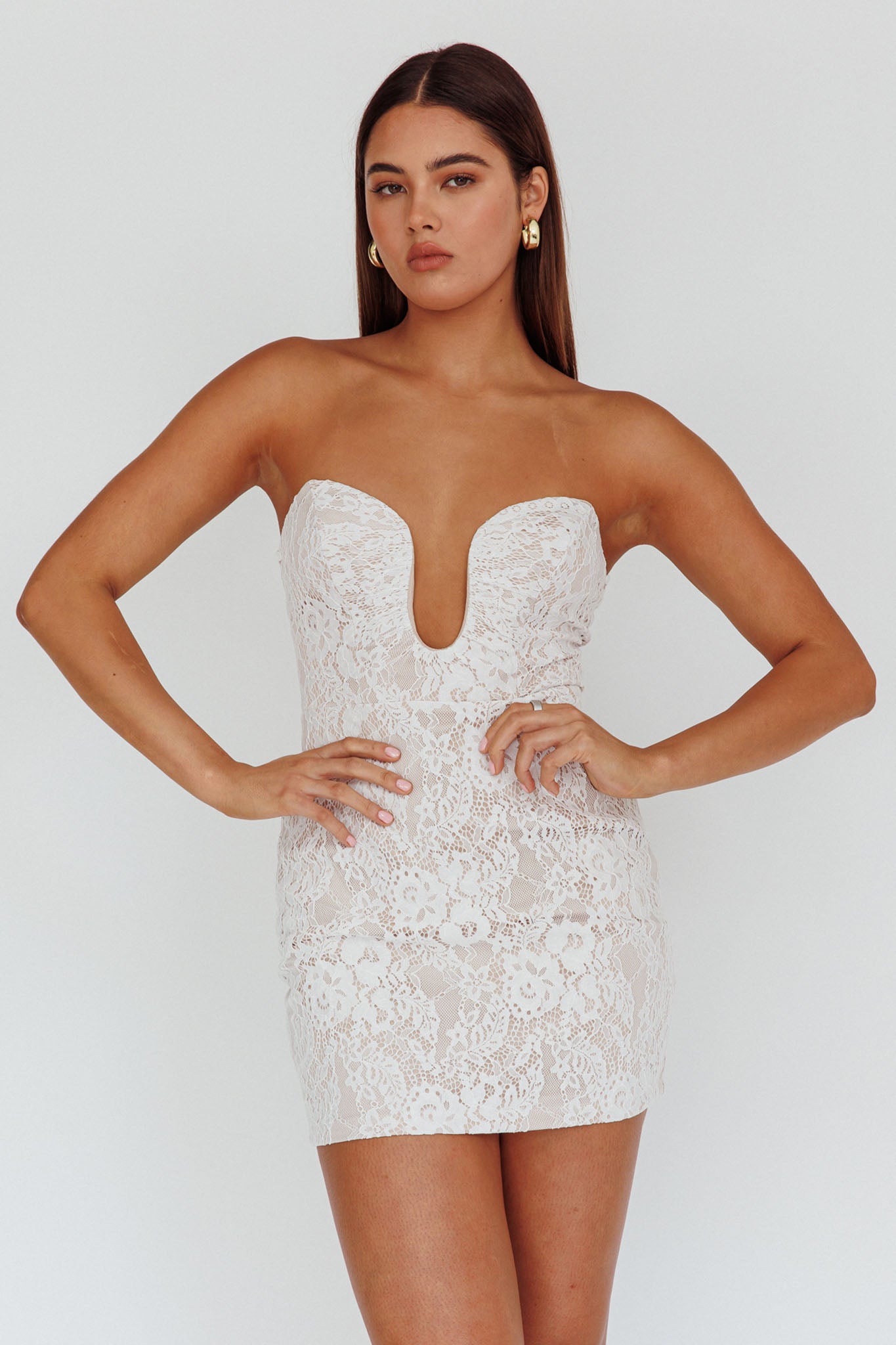 Nouveau U-Neckline Mini Dress Lace White by Selfie Leslie Australia