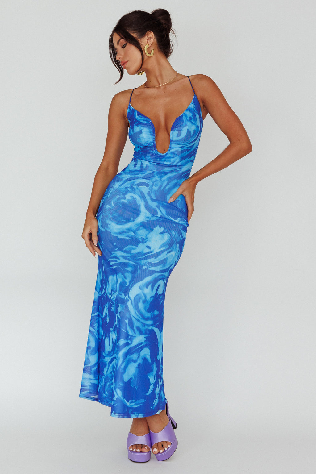 Nouveau U-Neckline Midi Dress Marbled Blue by Selfie Leslie Australia