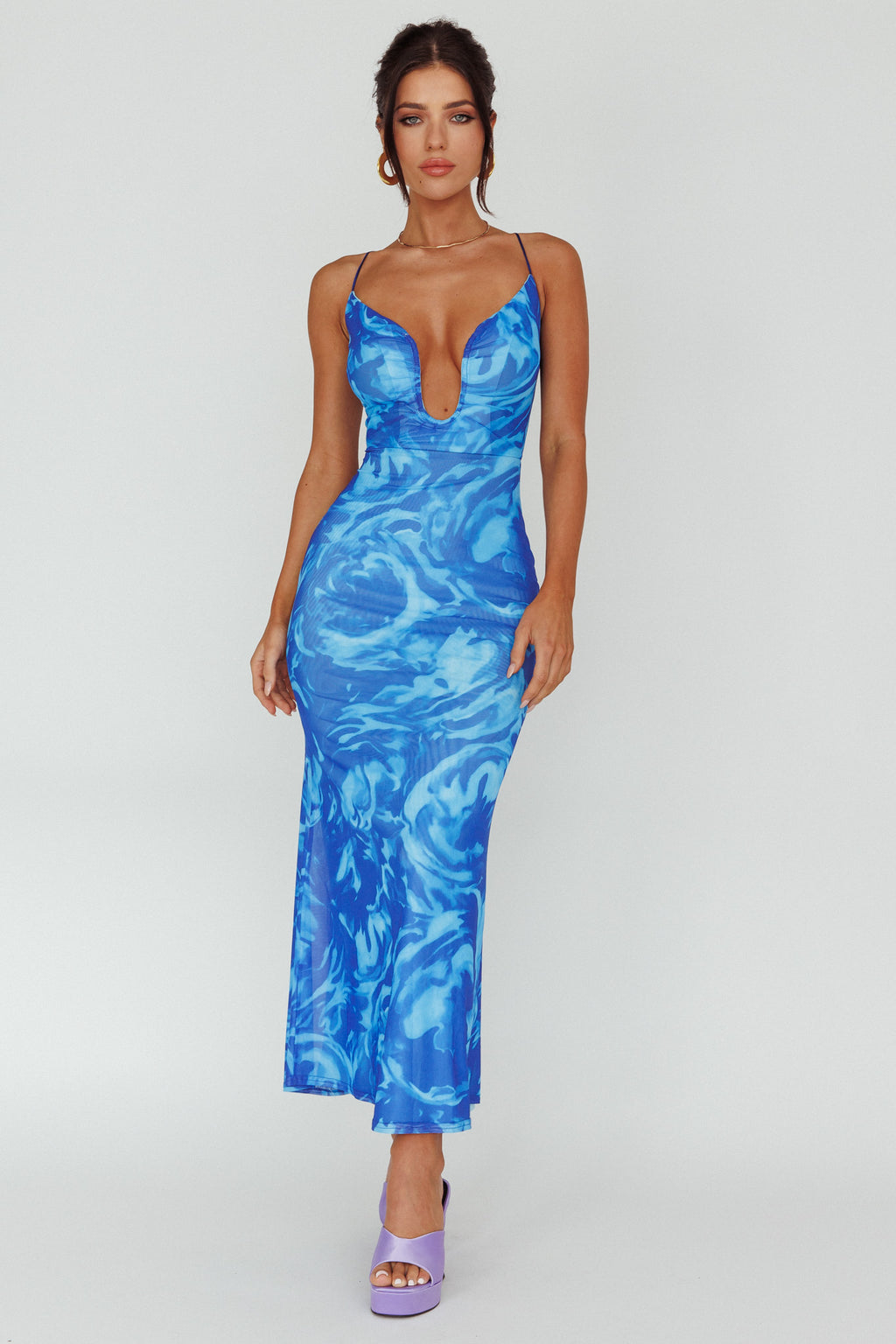 Nouveau U-Neckline Midi Dress Marbled Blue by Selfie Leslie Australia