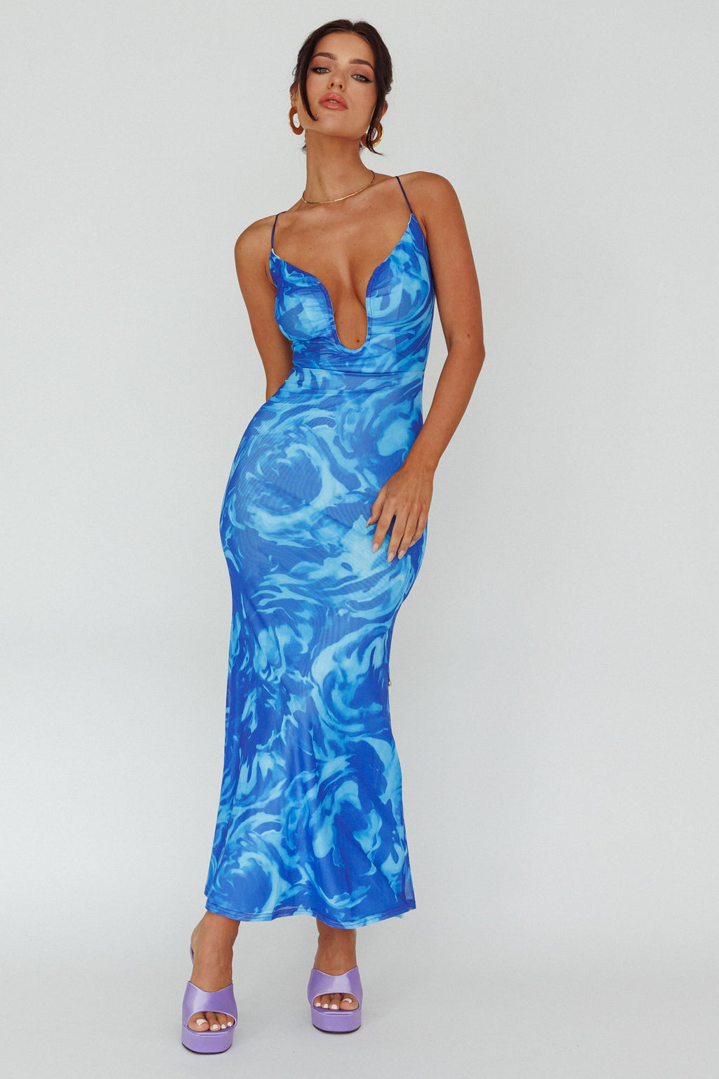 Nouveau U-Neckline Midi Dress Marbled Blue by Selfie Leslie Australia