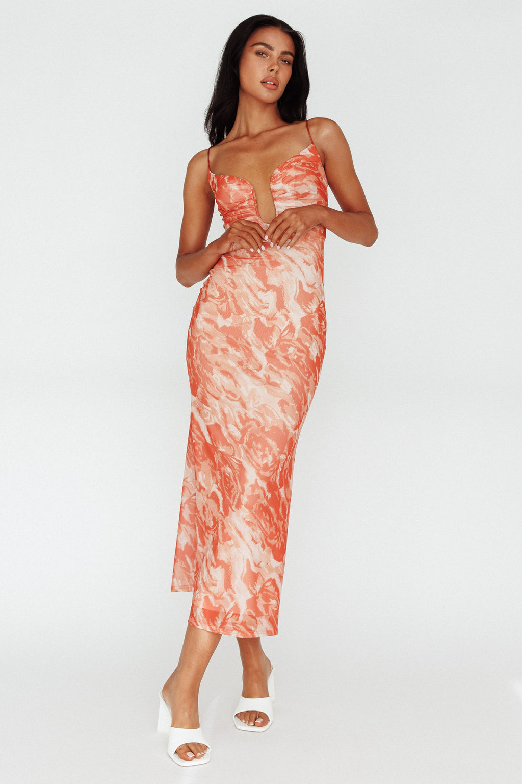 Nouveau U-Neckline Midi Dress Marbled Orange by Selfie Leslie Australia