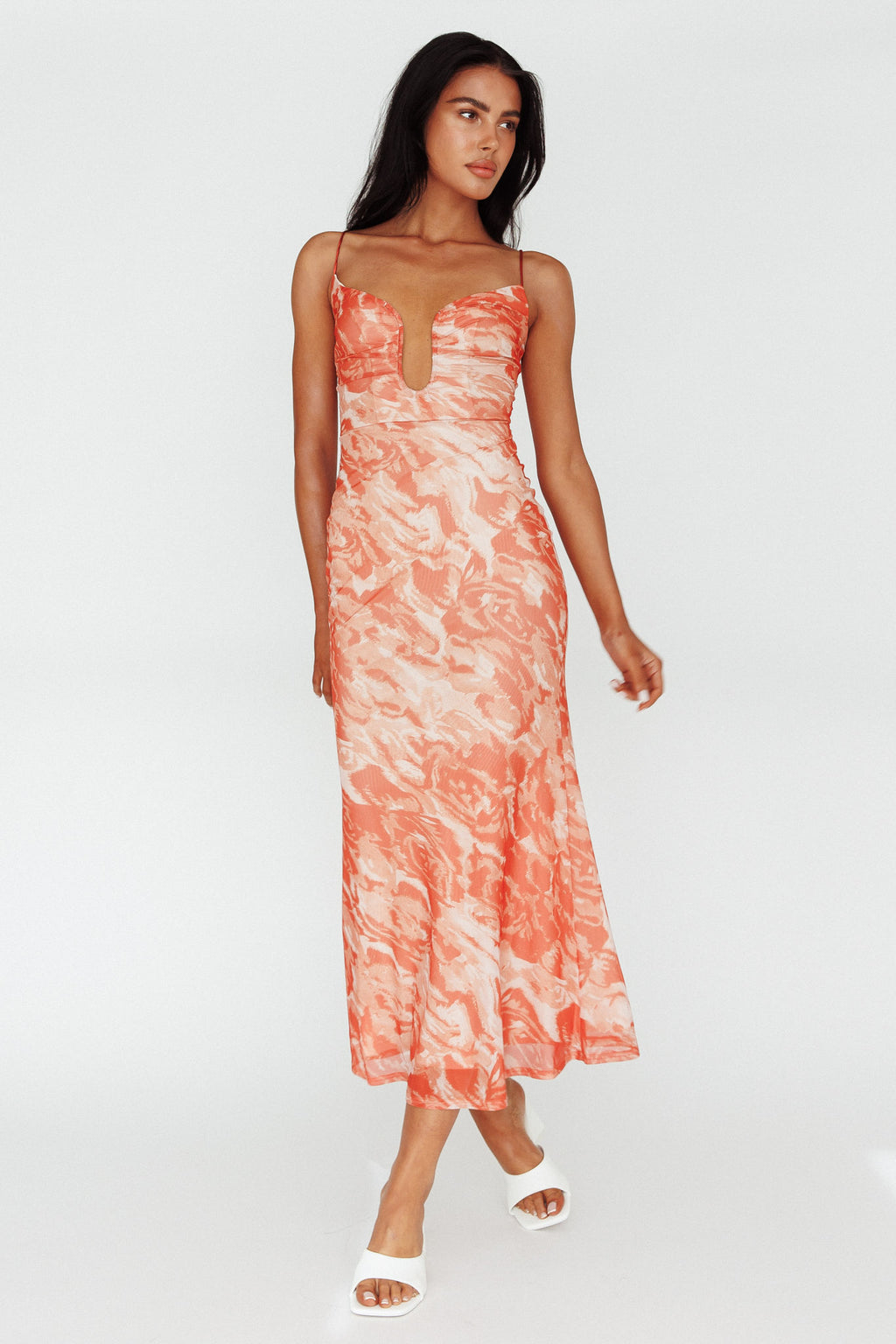 Nouveau U-Neckline Midi Dress Marbled Orange by Selfie Leslie Australia