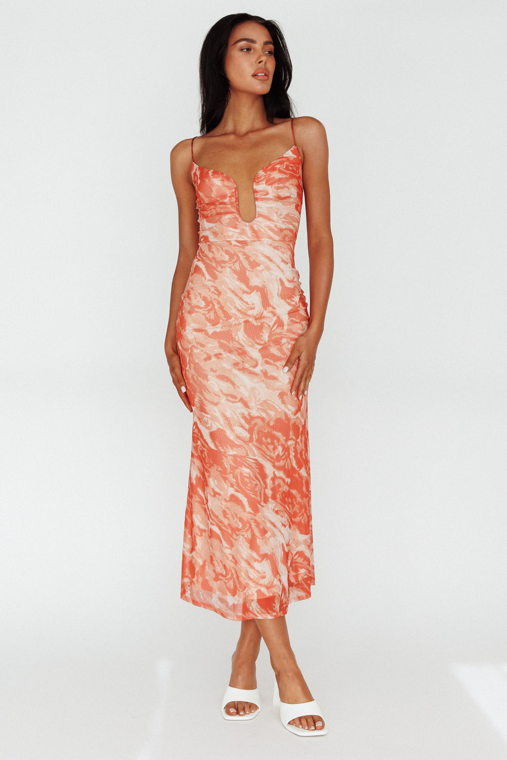 Nouveau U-Neckline Midi Dress Marbled Orange by Selfie Leslie Australia