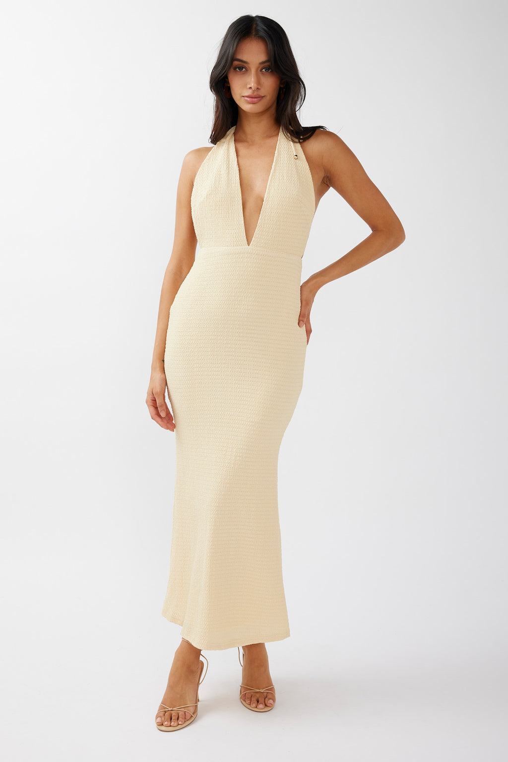 Mayah Halterneck Maxi Dress Textured Lemon by Selfie Leslie Australia