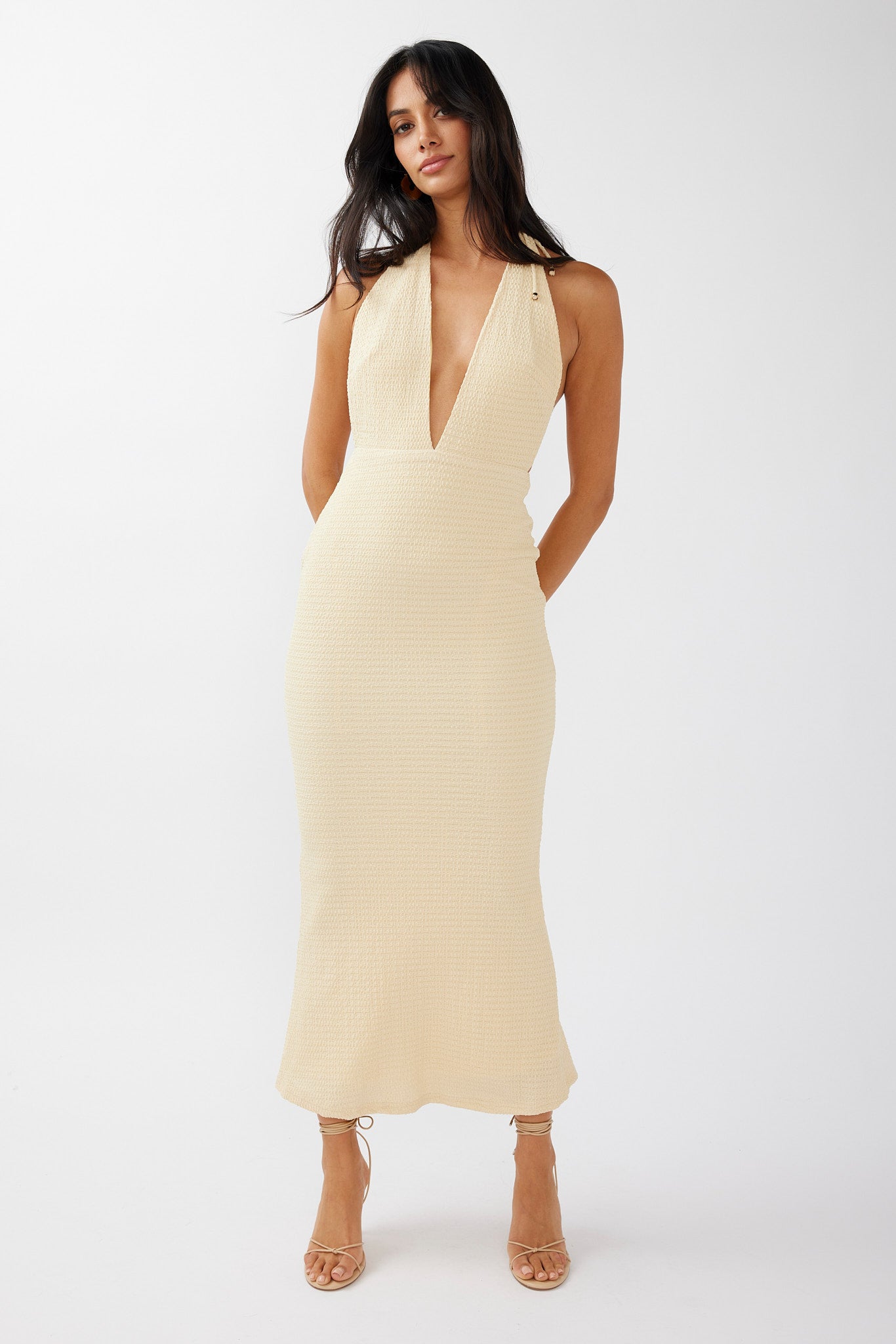 Mayah Halterneck Maxi Dress Textured Lemon by Selfie Leslie Australia