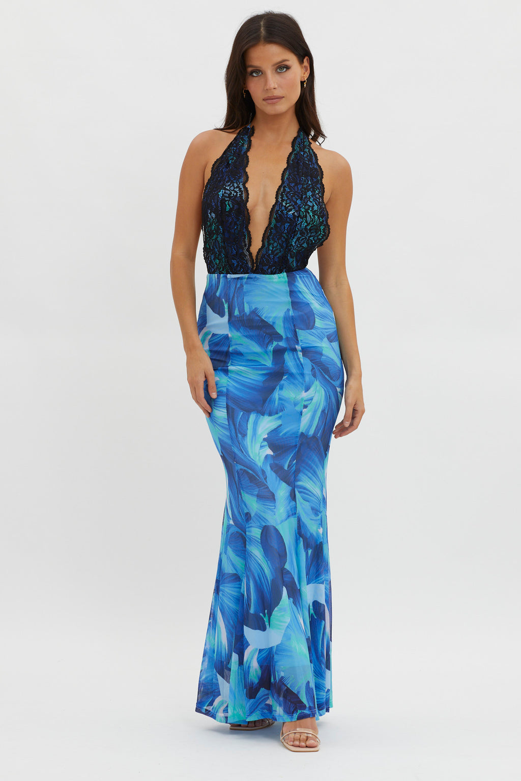 Mayah Lace Halterneck Maxi Dress Abstract Blue by Selfie Leslie Australia
