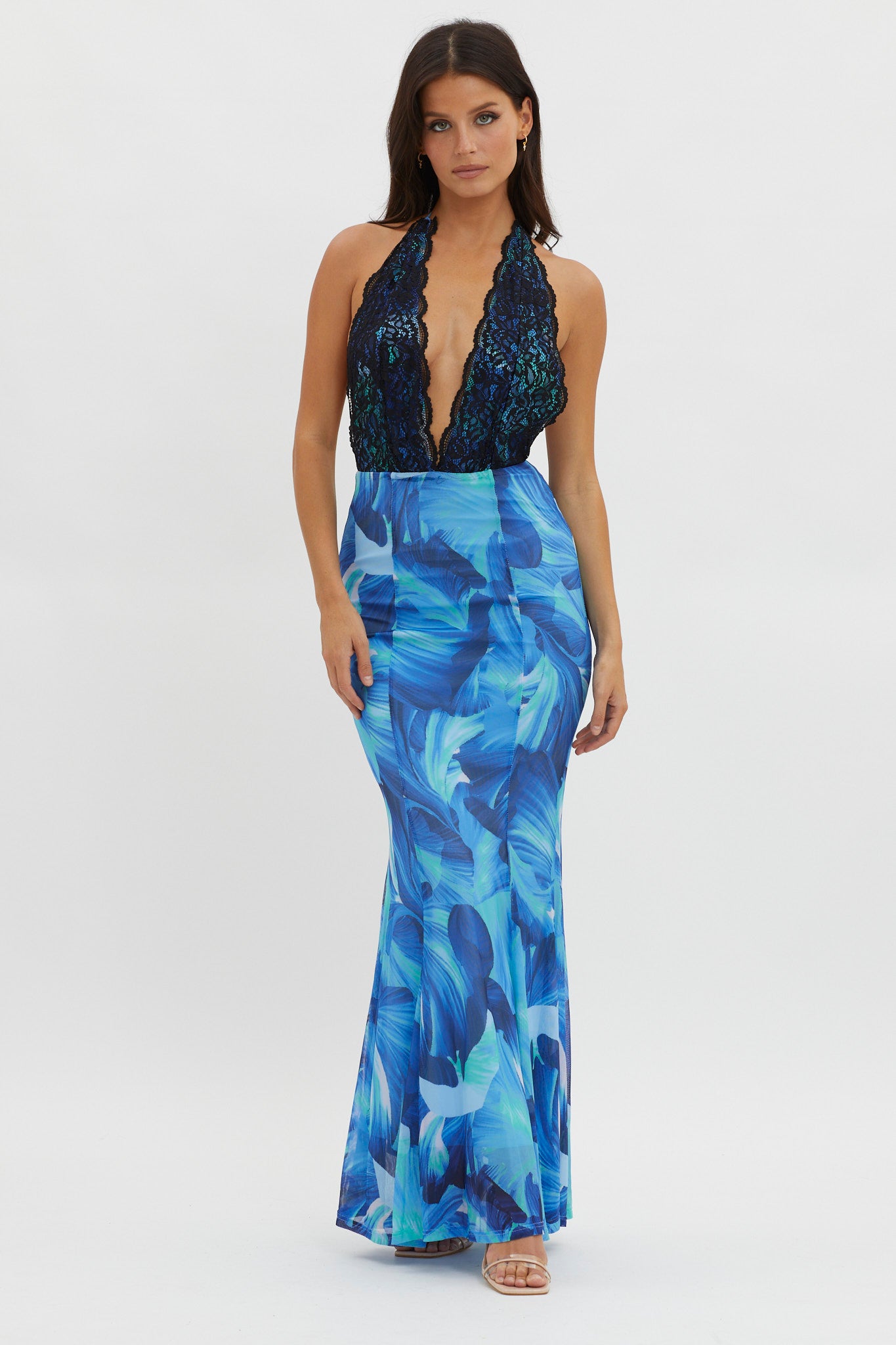 Mayah Lace Halterneck Maxi Dress Abstract Blue by Selfie Leslie Australia