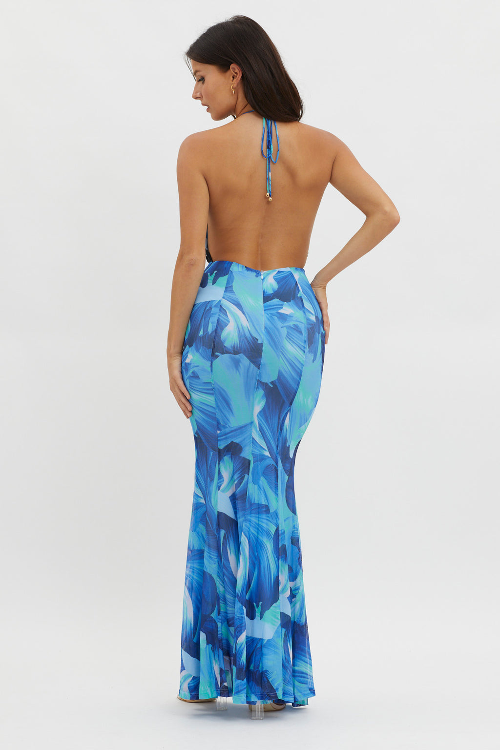 Mayah Lace Halterneck Maxi Dress Abstract Blue by Selfie Leslie Australia