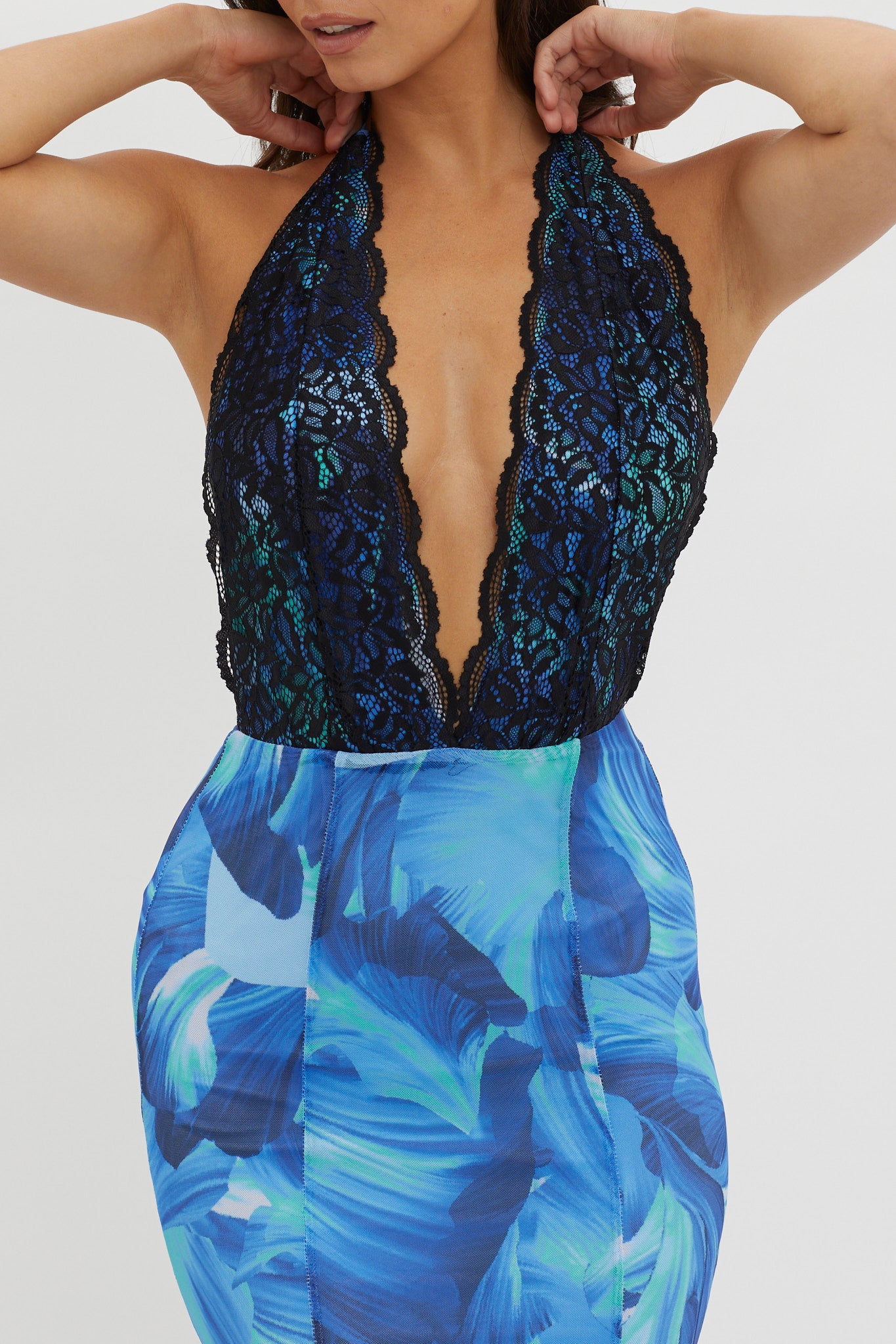 Mayah Lace Halterneck Maxi Dress Abstract Blue by Selfie Leslie Australia