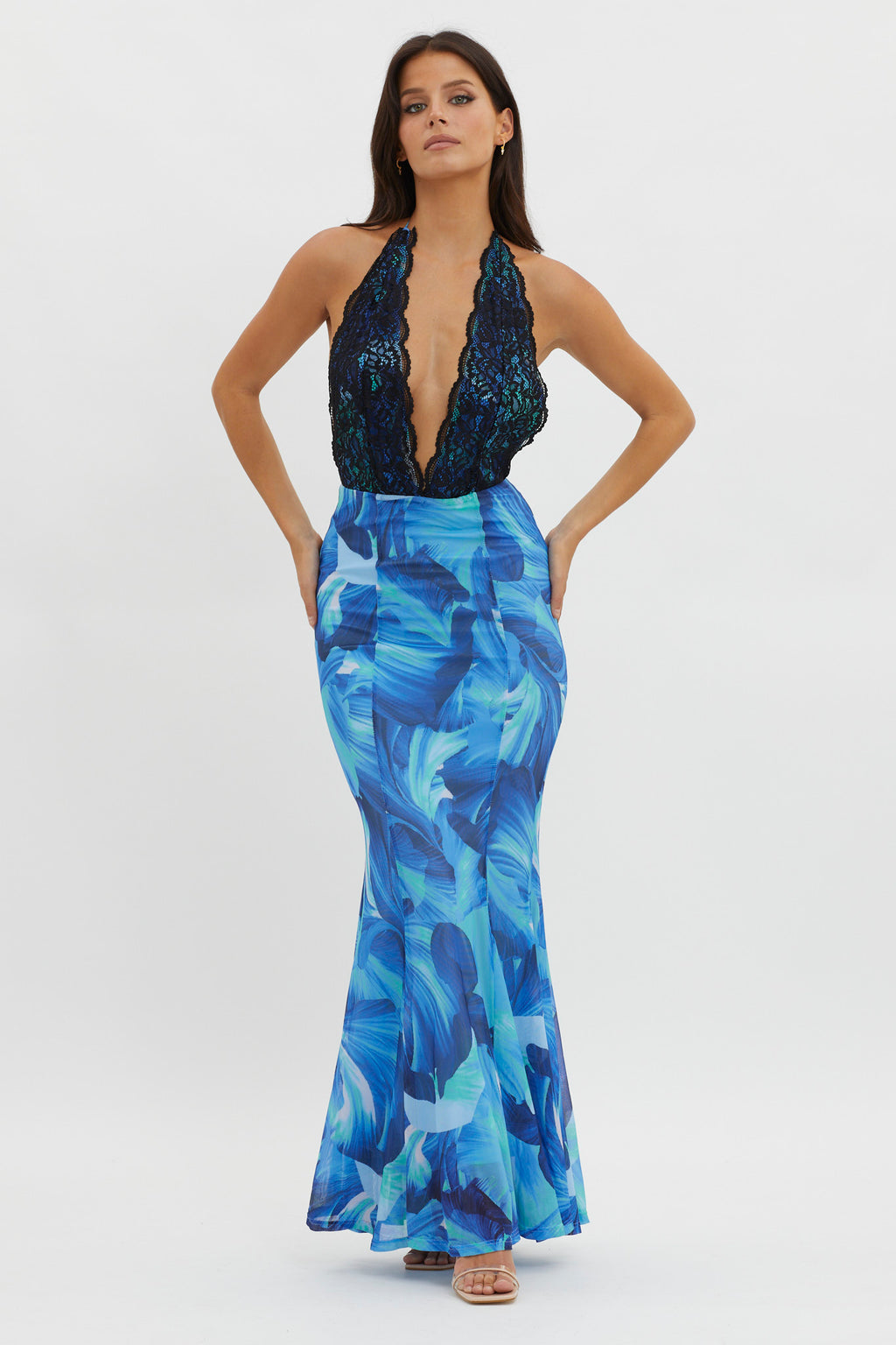 Mayah Lace Halterneck Maxi Dress Abstract Blue by Selfie Leslie Australia